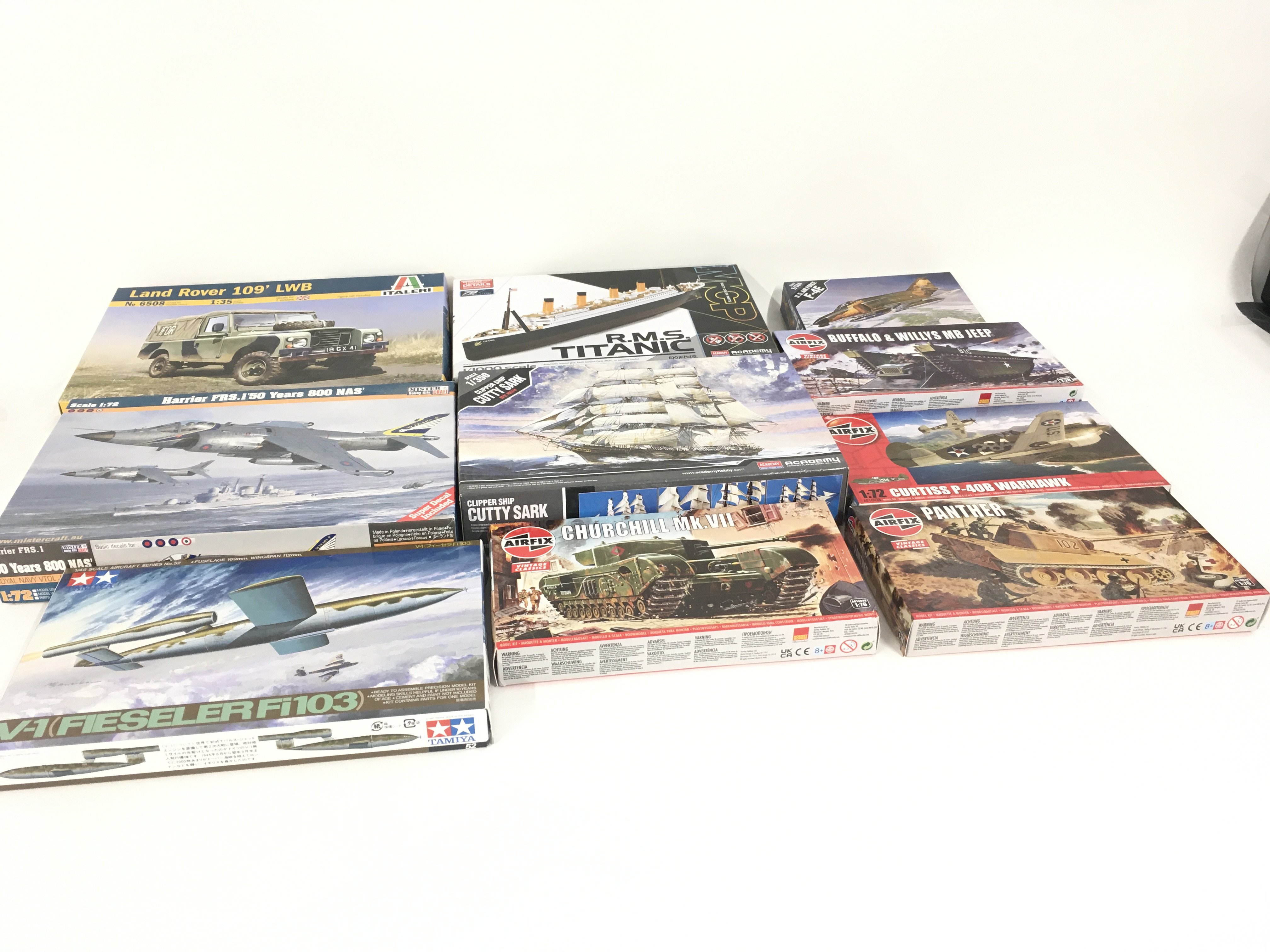 A Collection of 10 boxed unstarted model kits by Italeri..Airfix..Tamiya..Mister..MCP and Academy. Mainly military themed. No reserve.