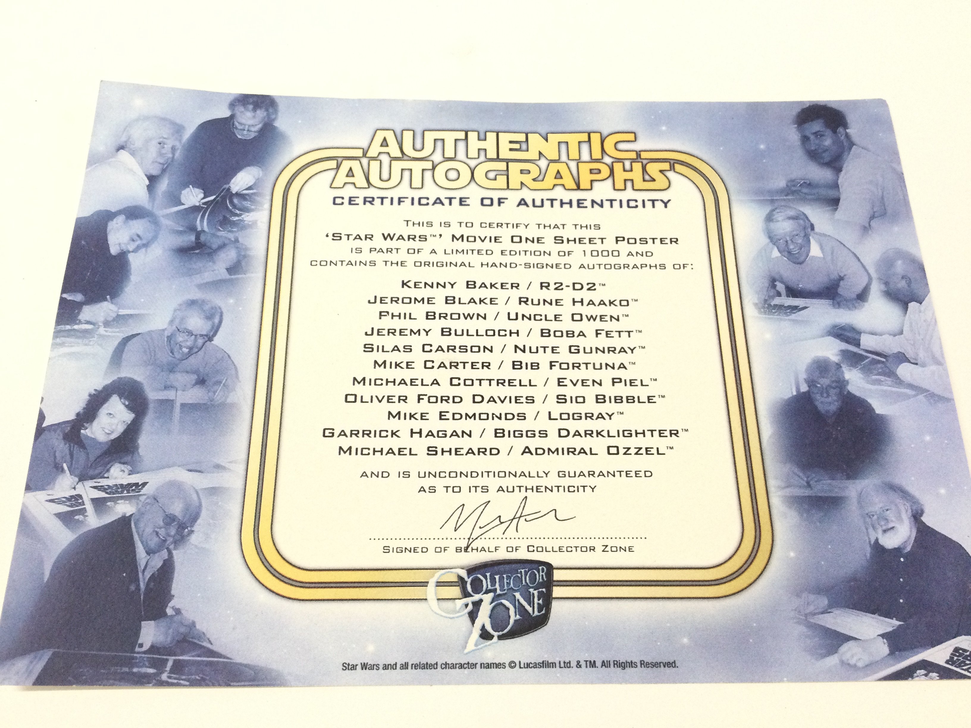 A Star Wars Episode IV Signed One Sheet Poster. Signed By 11 Actors. Kenny Baker. Jerome Blake. Phil Brown. Jeremy Bullock. Silas Carson. Mike Carter. Michaela Cottrell. Oliver Ford Davies. Mike Edmonds. Garrick Hagen. And Michael Sheard. With COA. Also A Framed David Prowse Picture.