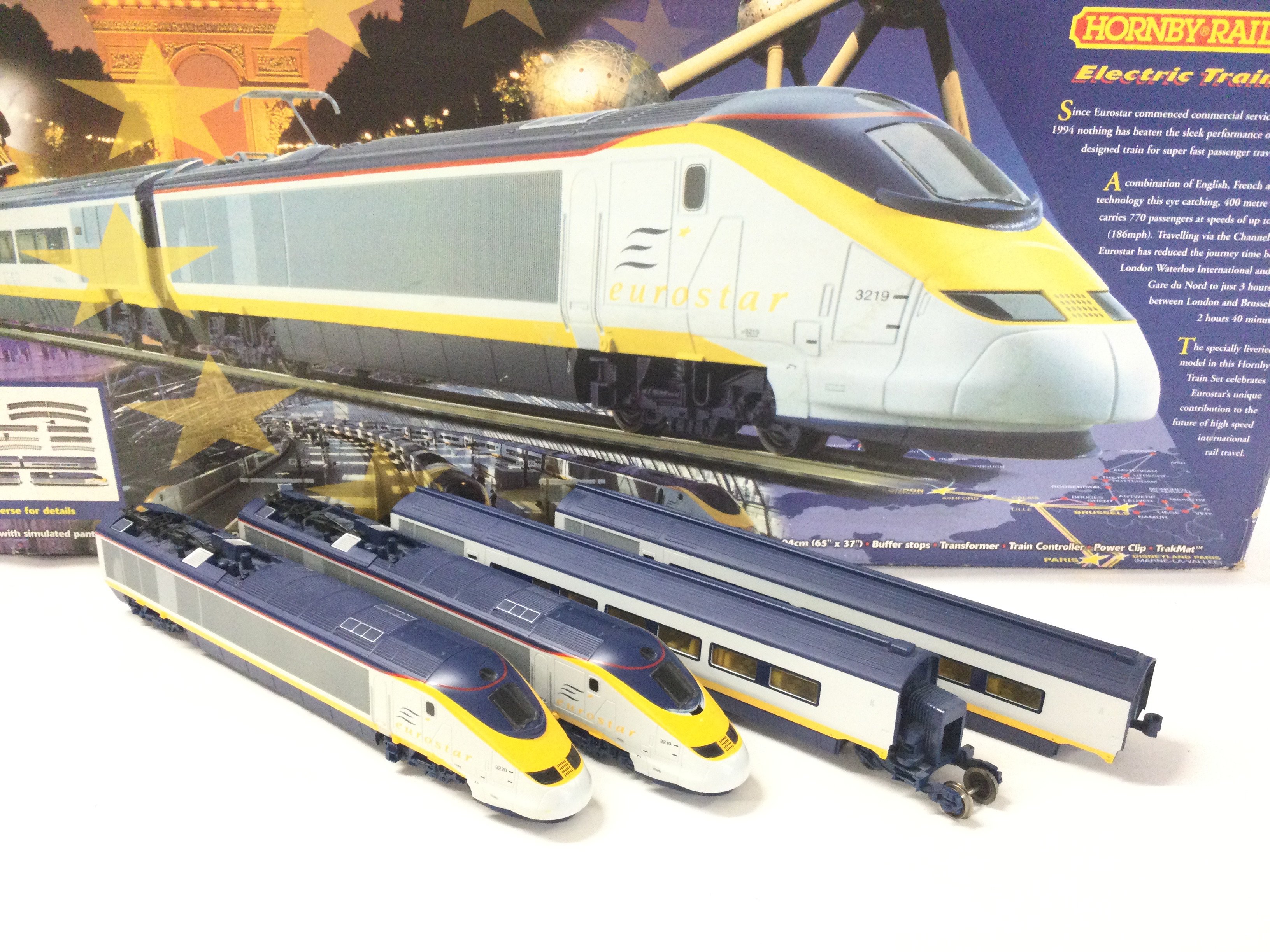 A Boxed Hornby 00 Gauge Euro Star Set Train And Coaches Only.