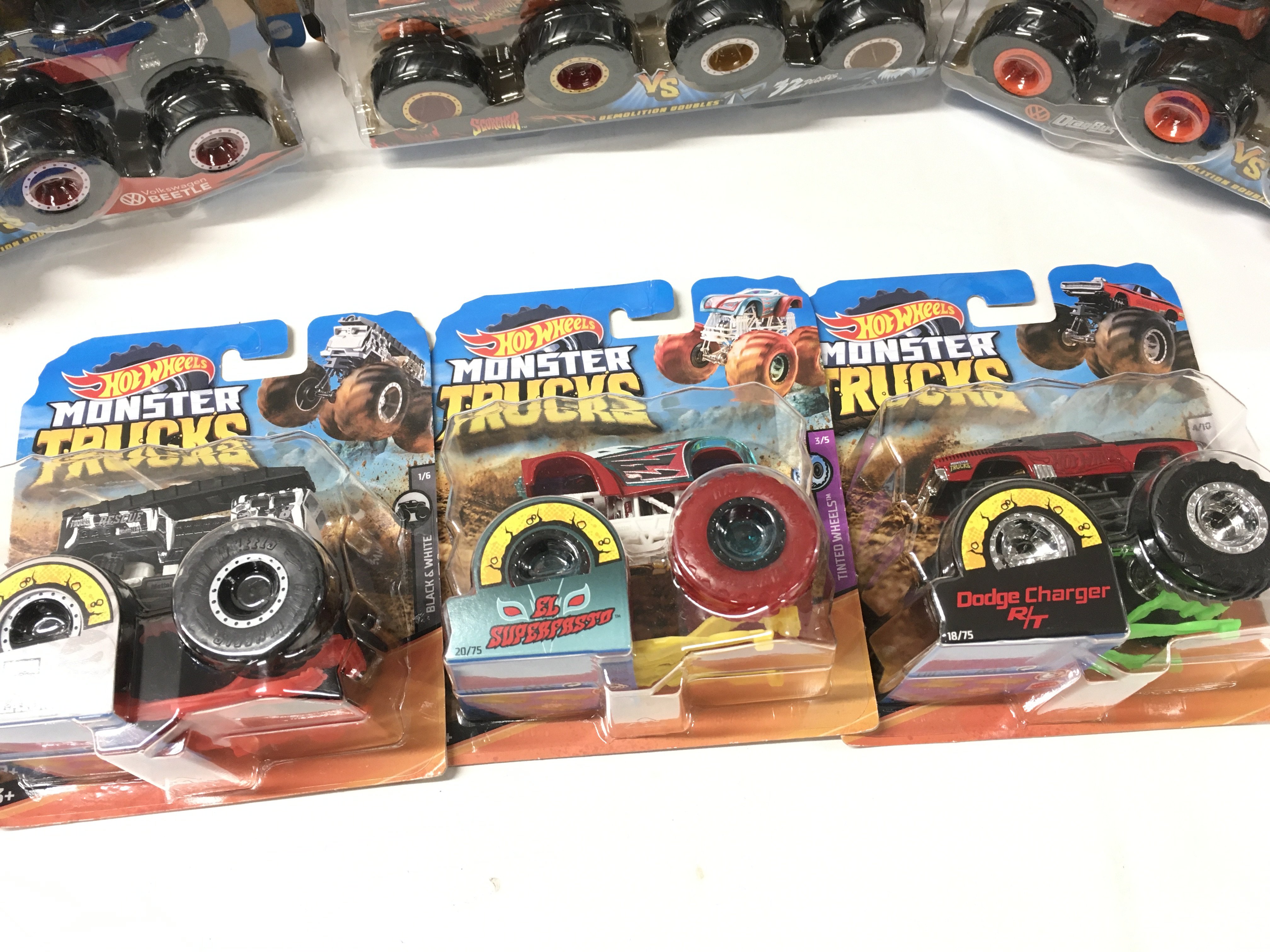 A collection of 6x unopened Hot Wheels Monster Trucks including 3x Demolition Doubles and 3x singles. 1:64 scale. No reserve