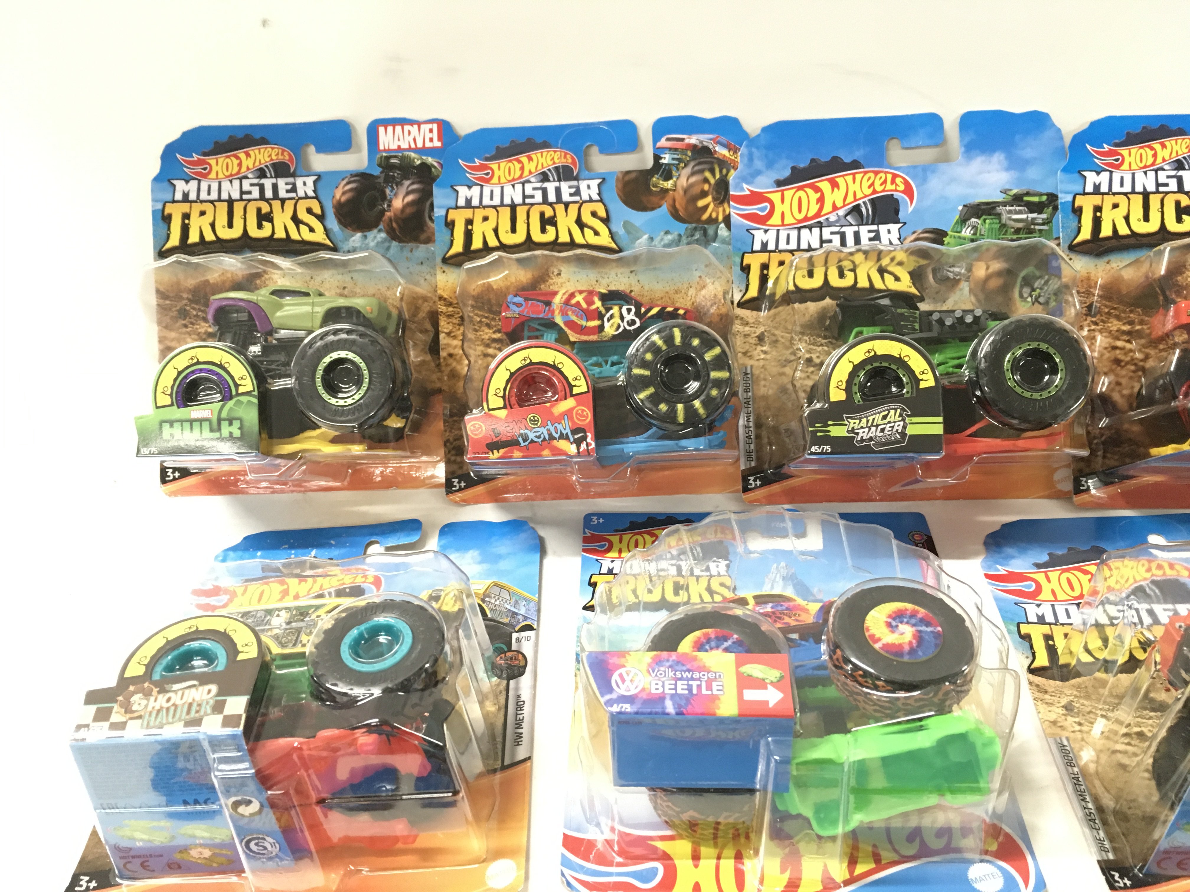 A collection of 10 unopened Hot Wheels Monster Trucks 1:64 scale. Includes Loco Punk..The Hulk. No reserve