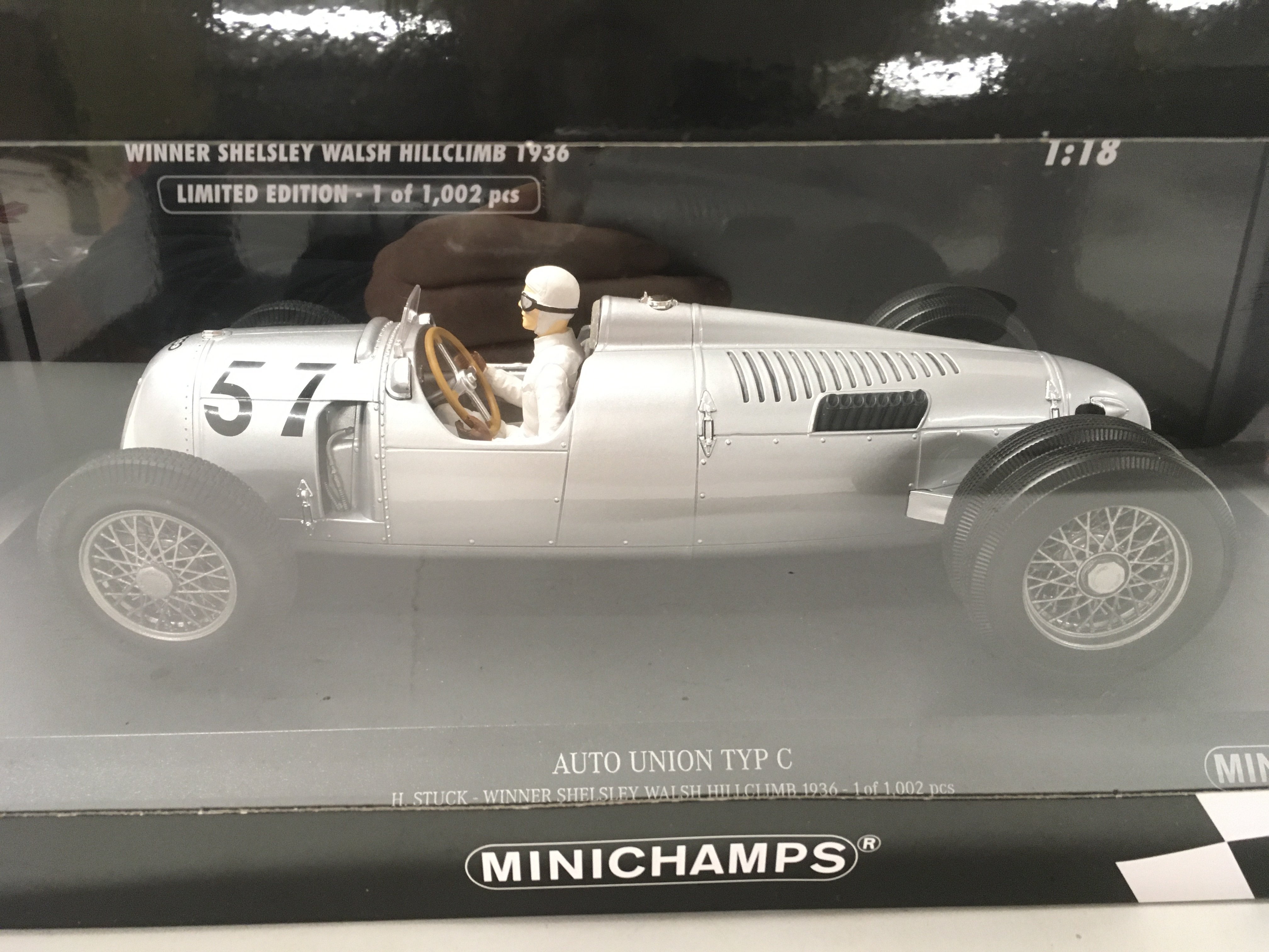 Two boxed model cars including by minichamps a Auto Union TYP C H . Stuck. 1936. Also by Replicar Ford Escort mk1 1300 GT. BROADSPEED. 1968 Nurburgring 6 hours class winners. No reserve.