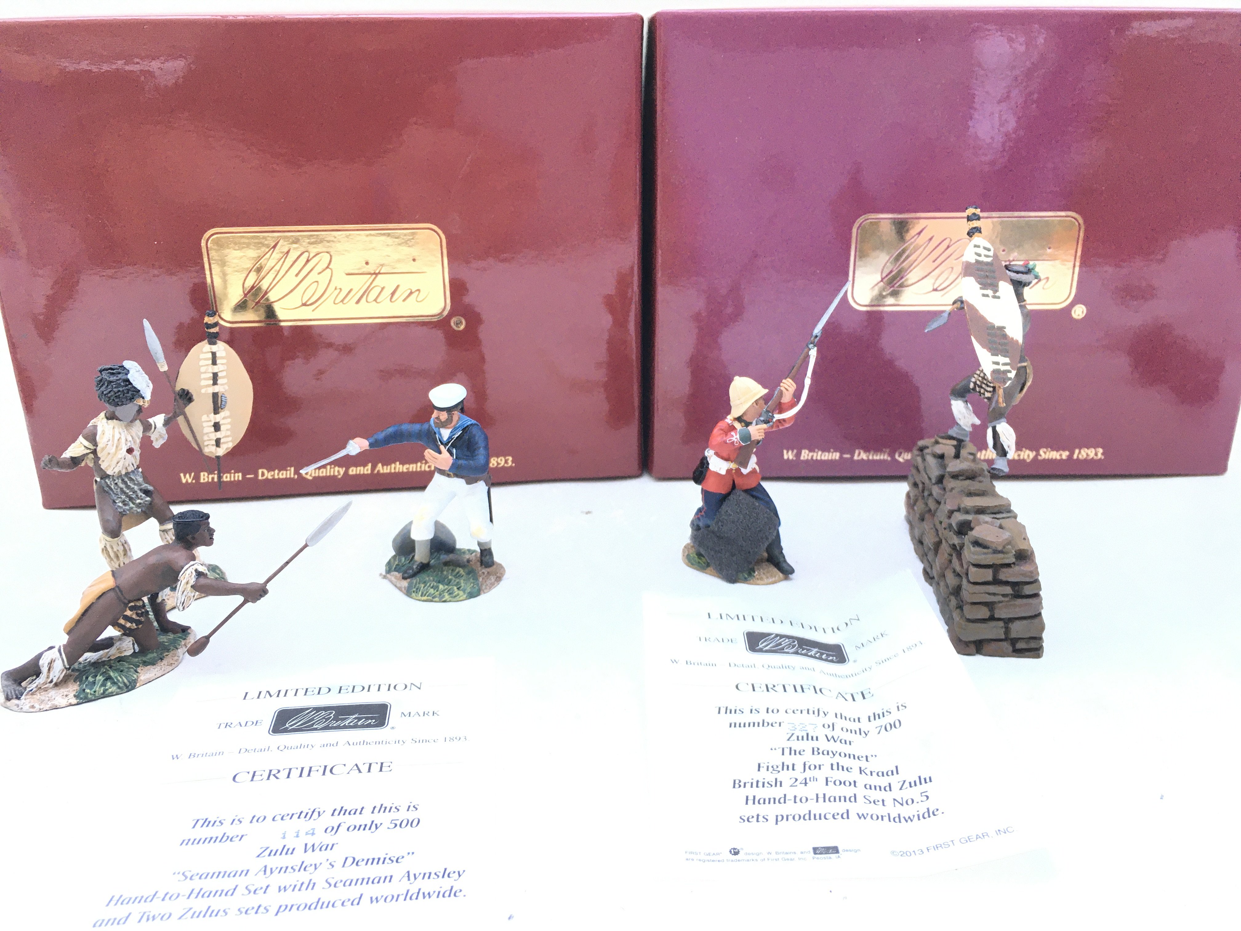 2 Boxed Britains Zulu Wars Sets. Seaman Aynsleys Demise And The Bayonet.with Certificates.(2).