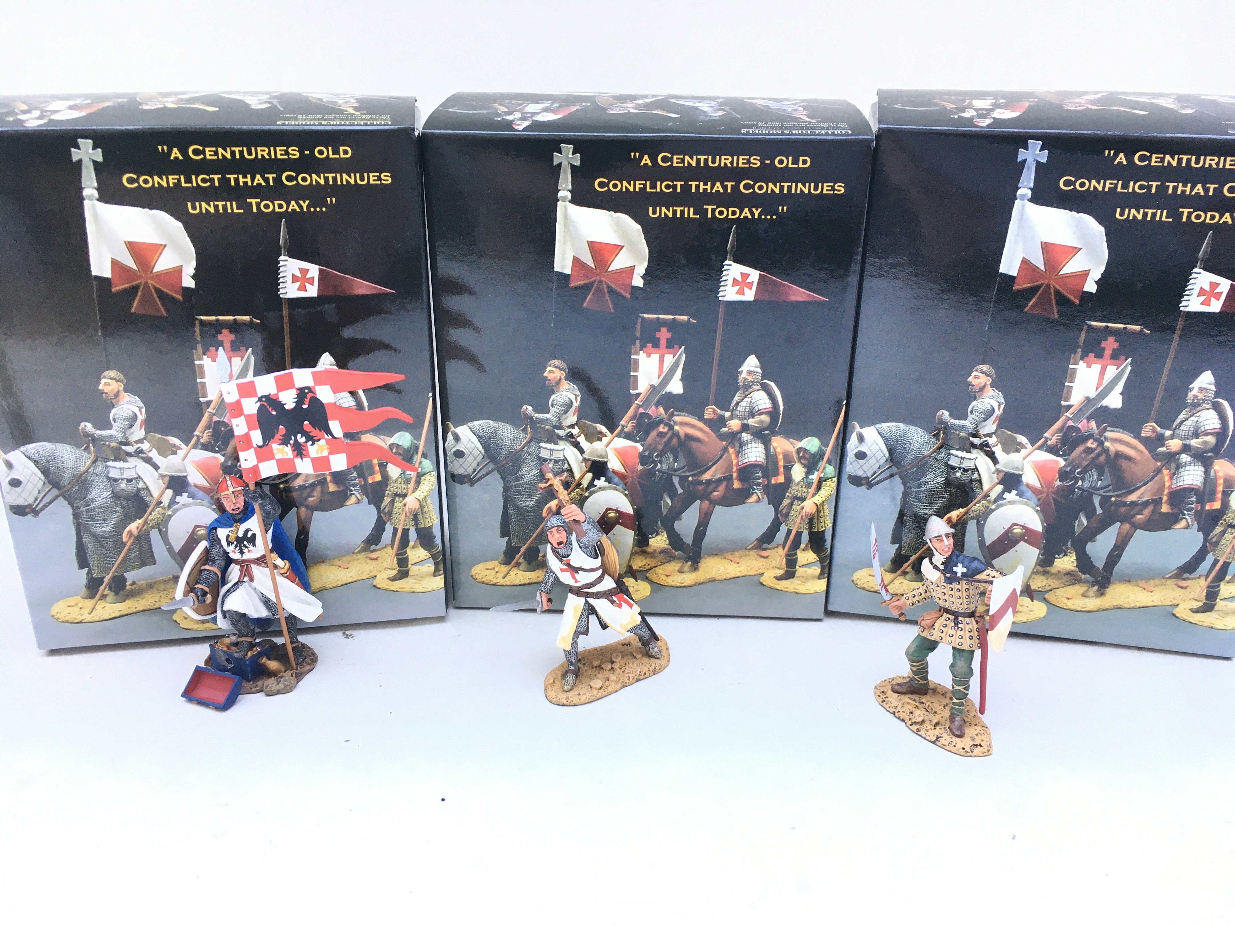 3 X Boxed King And Country Crusaders. Duke Boris Of Saxony. Foot Knight With Sword And Crucfix.Man At Arms Sword And Shield.