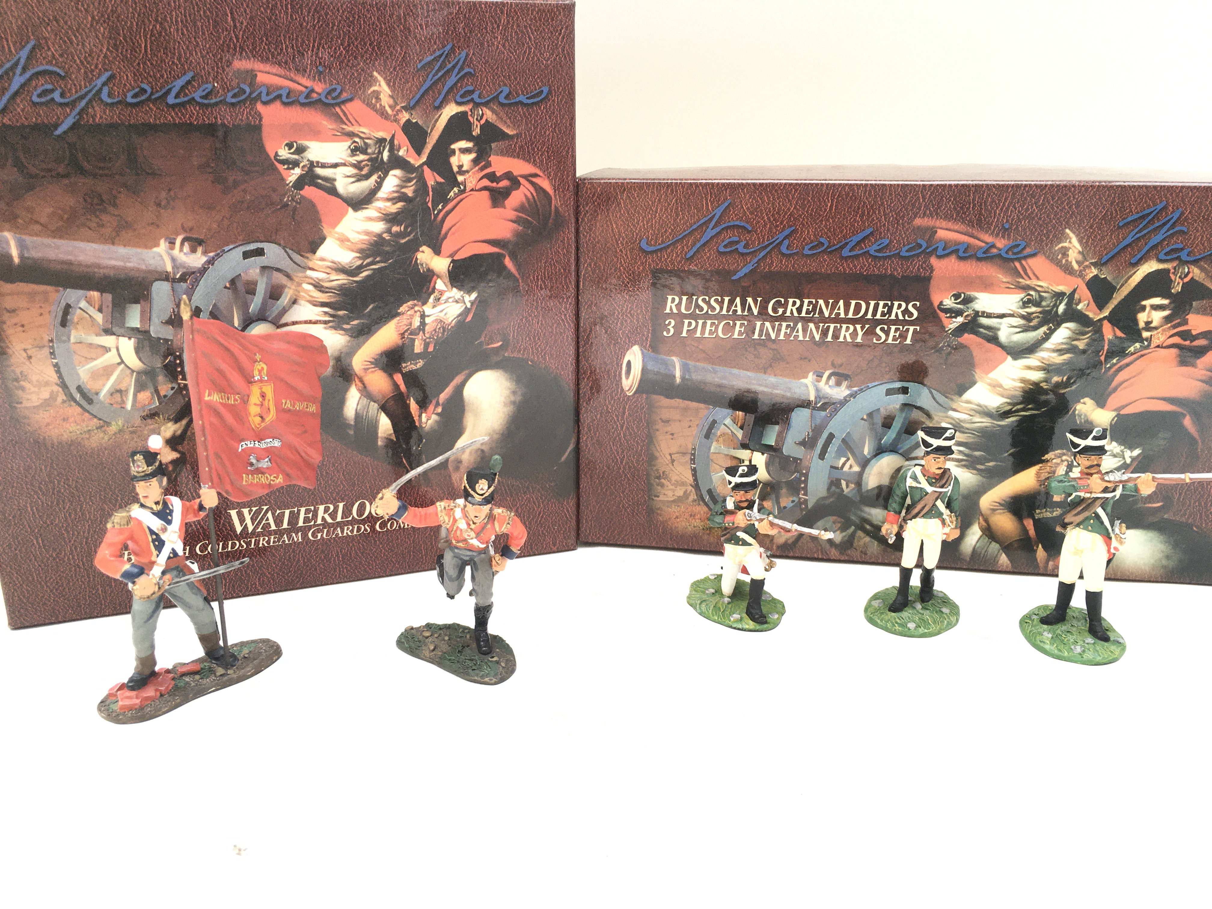 2 X Boxed Britains Figure Sets. A Waterloo British Coldstream Guards Command Set. And a Russian Grenadiers 3 Piece Infantry Set.