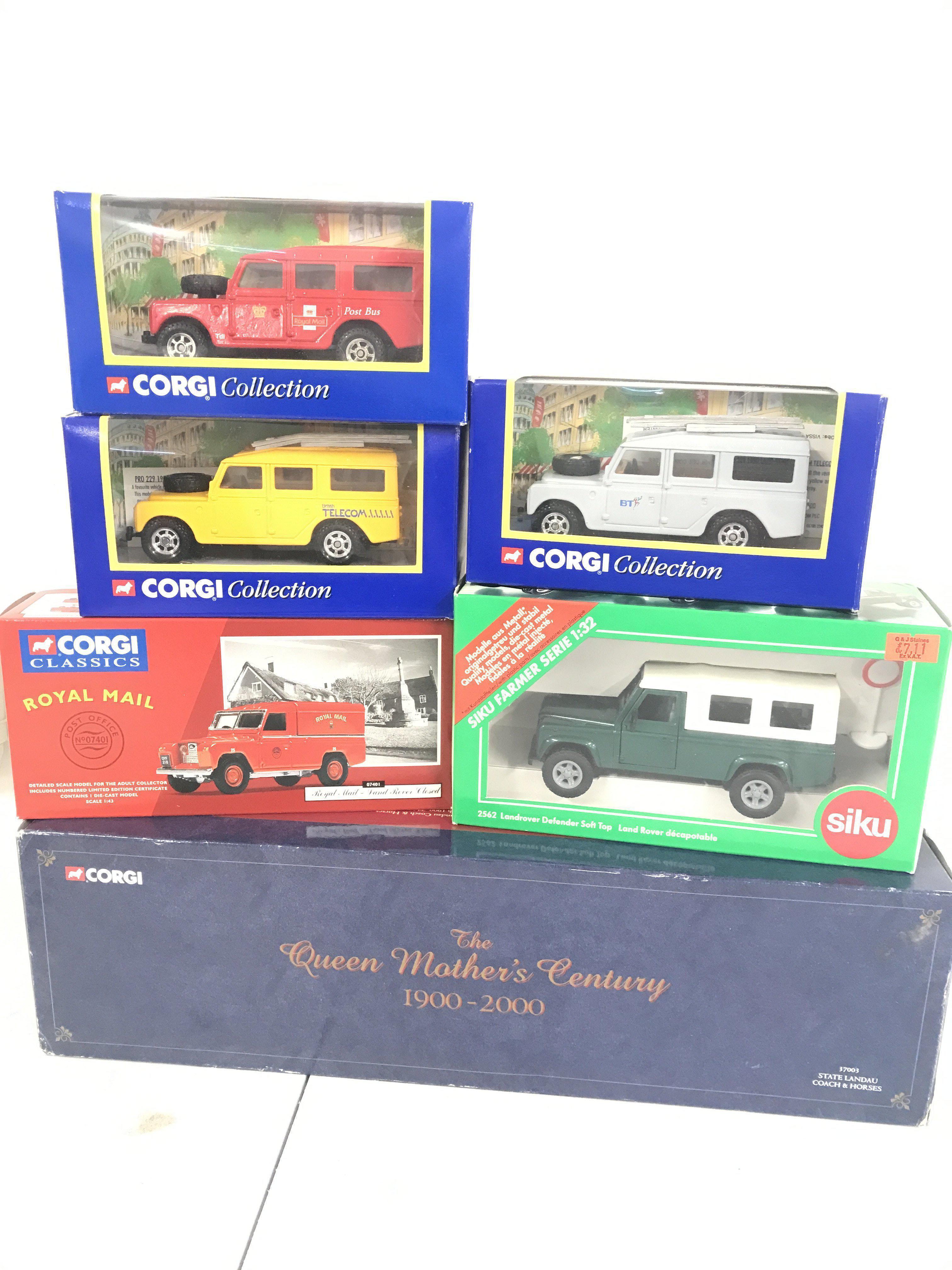 A Collection of Boxed Corgi And Siku Land Rovers And A Corgi Queen Mothers Century Set.