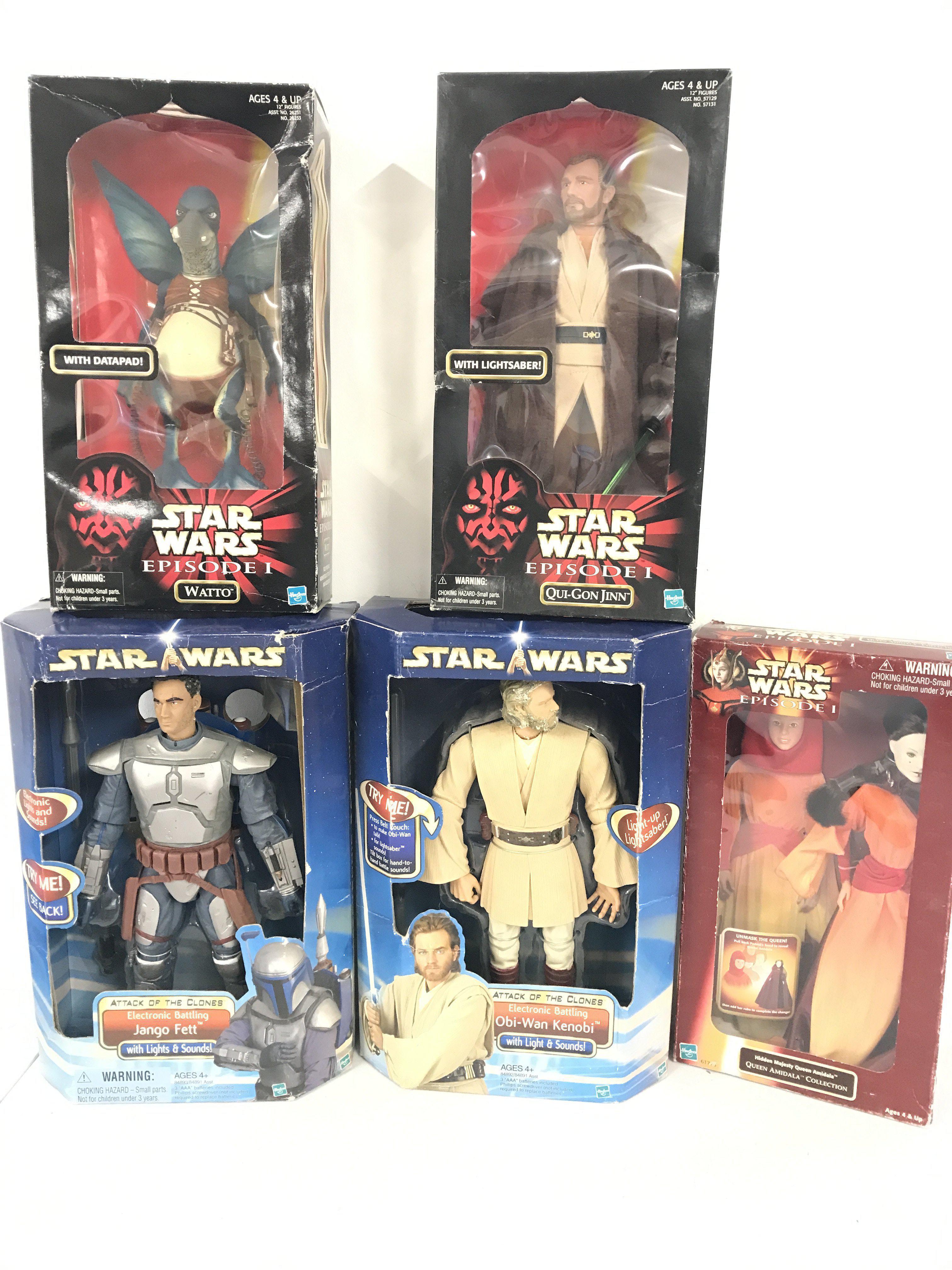 5 Boxed Star Wars 12 Inch Figures Including Jango Fett. Qui-Gon-Jinn etc. No Reserve.