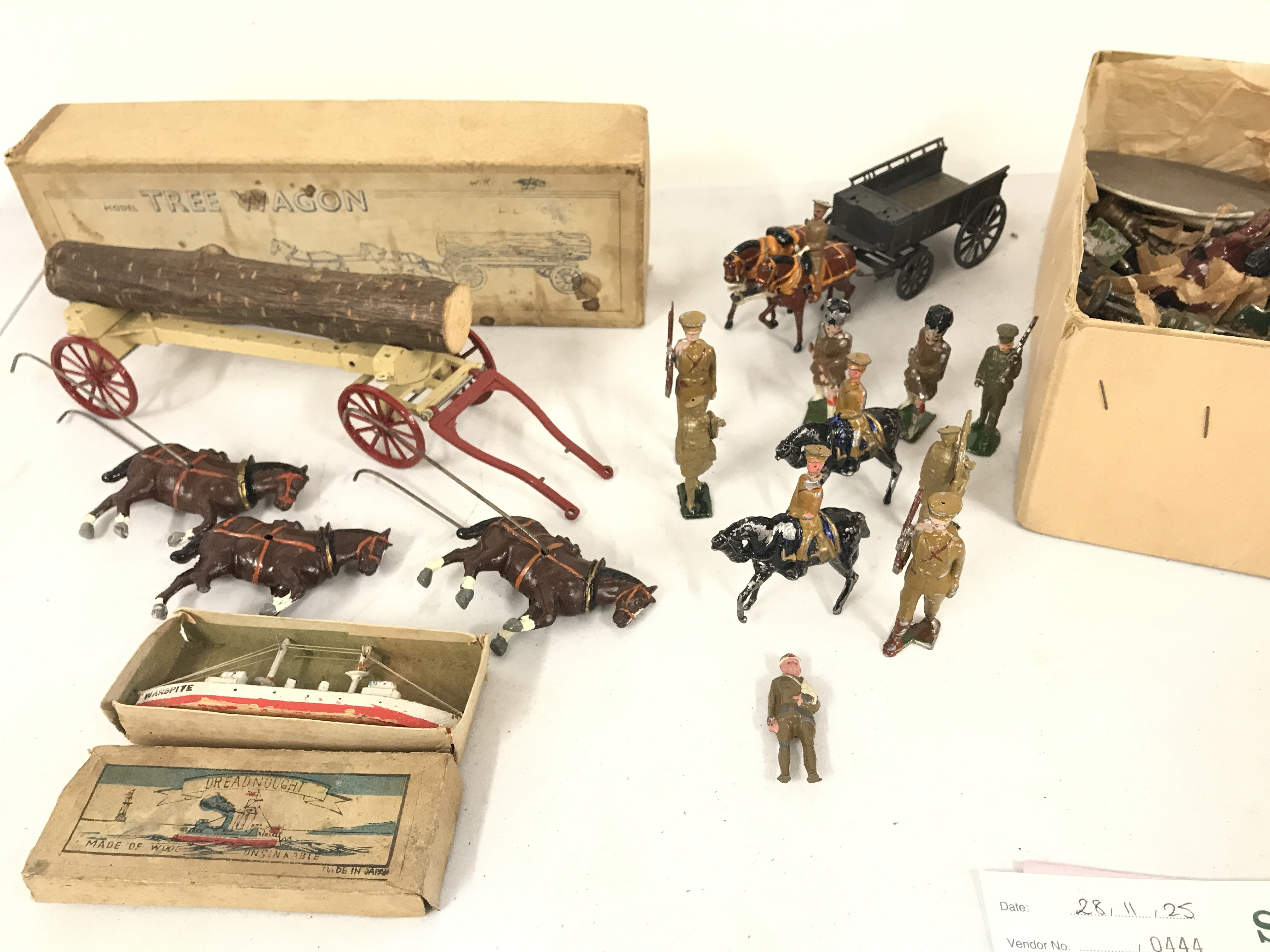 A Collection Of Vintage Playworn Led Soldiers And a Charbens Tree Wagon (Damaged). No Reserve.
