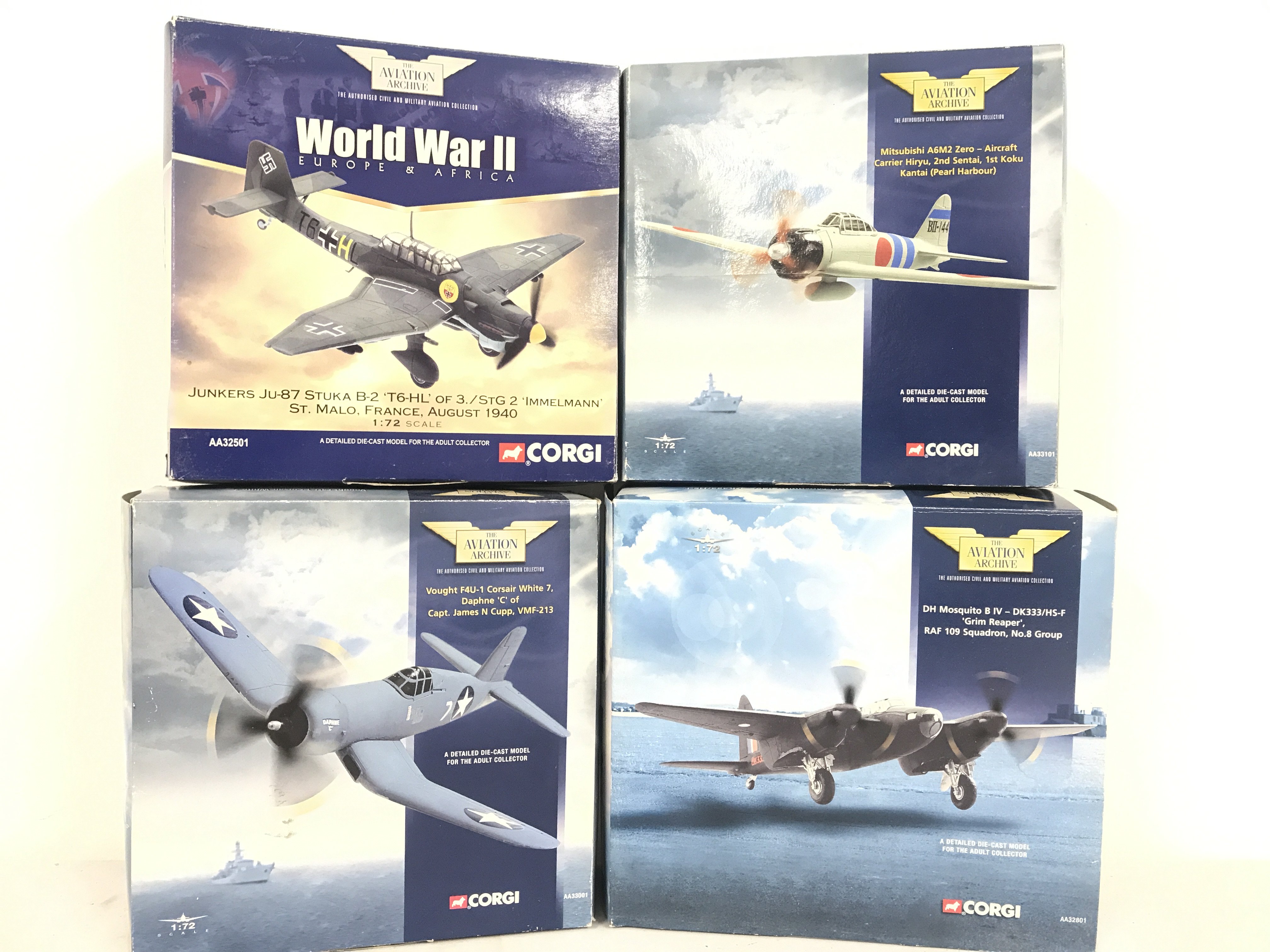 4 X Boxed Corgi Aviation Archive Modles. A Junkers Ju-87 Stuka AA32501. A Mitsubishi A6M2 Zero #AA33101. A Vought F4U-1 #AA33001 And A DH Mosquito #AA32801. No Reserve.