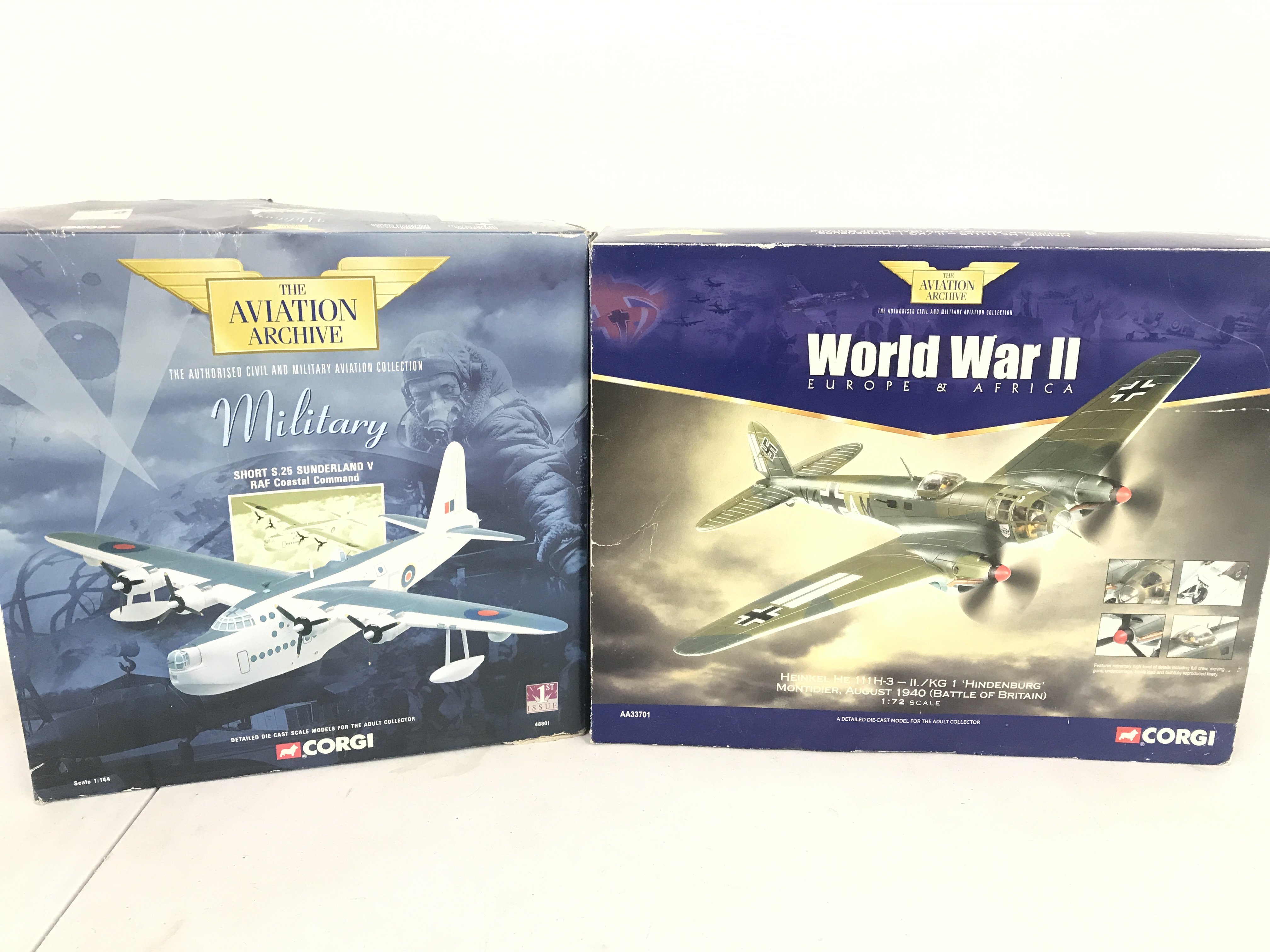A Boxed Corgi Aviation Archive Short S.25 Sunderland V #48801 (Damaged) And A Heinkel HE 111H-3 #AA33701. No Reserve.