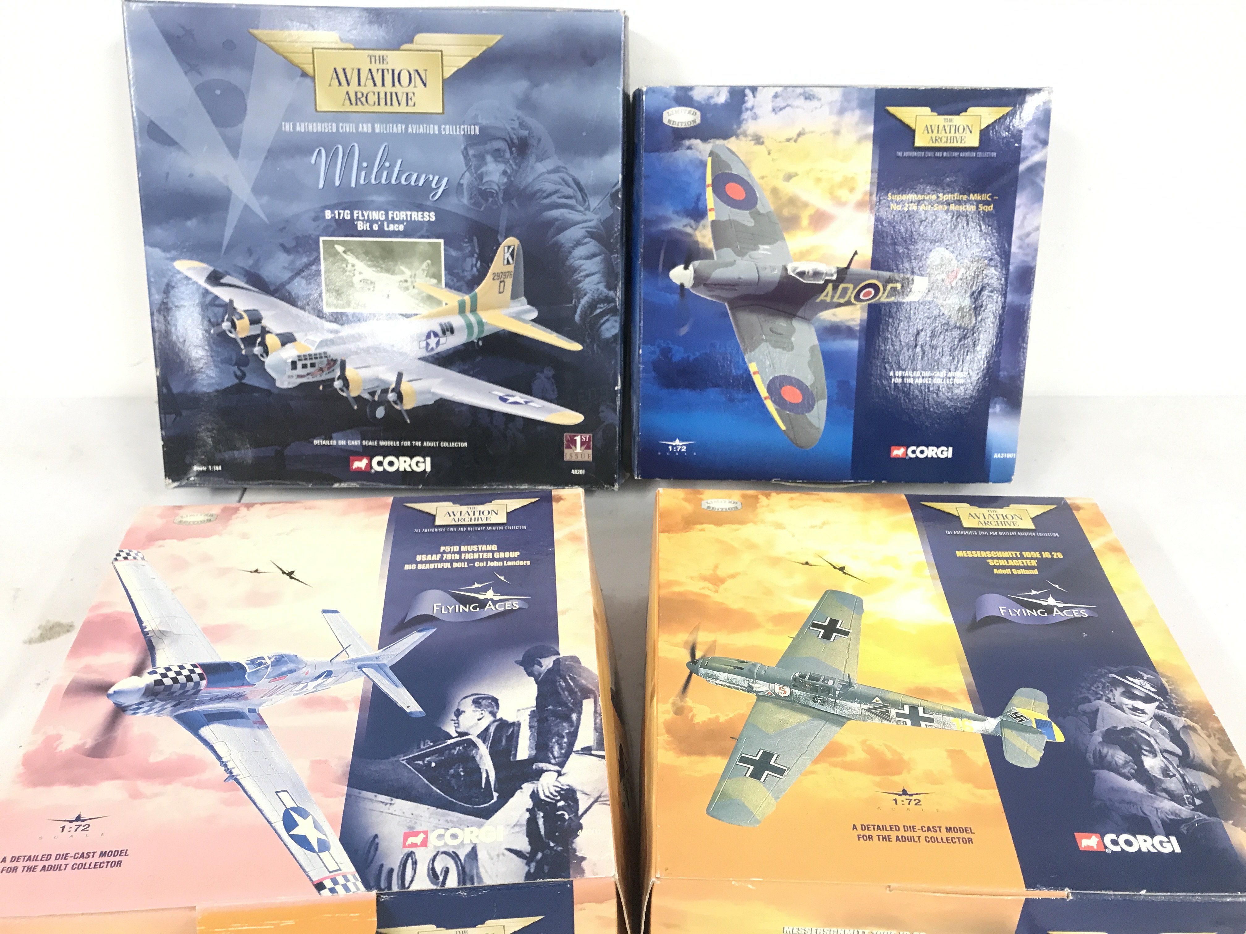 4 X Boxed Corgi Aviation Aircraft. A B-17G Flying Fortress #48201. A Spitfire #AA31901 A P51 Mustang #49301 And A Messerschmitt. #49202.(4).