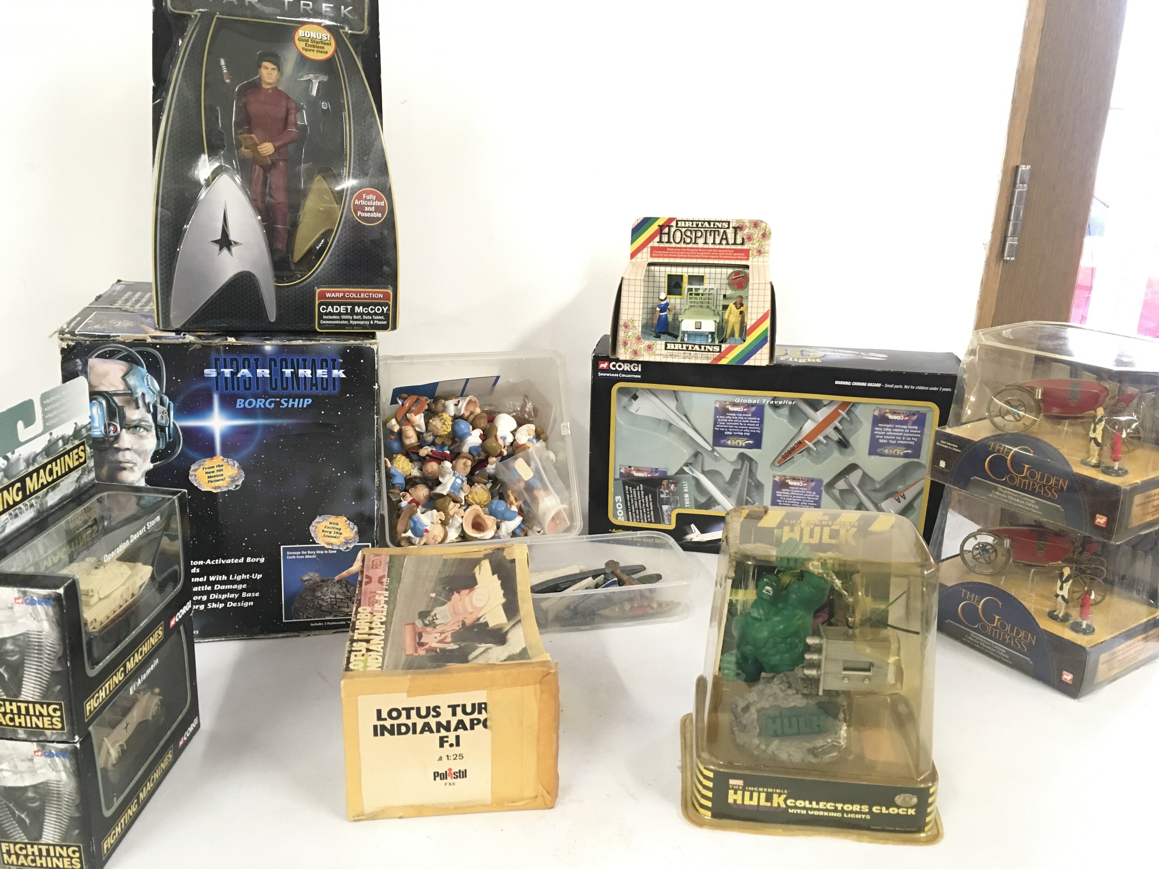 A mixed collection of boxed and loose toys..featuring Star Trek..The Golden Compass..Hulk..Tetley tea figures plus others.  Manufacturers include Corgi..Polstil..Playmates etc.  no reserve 