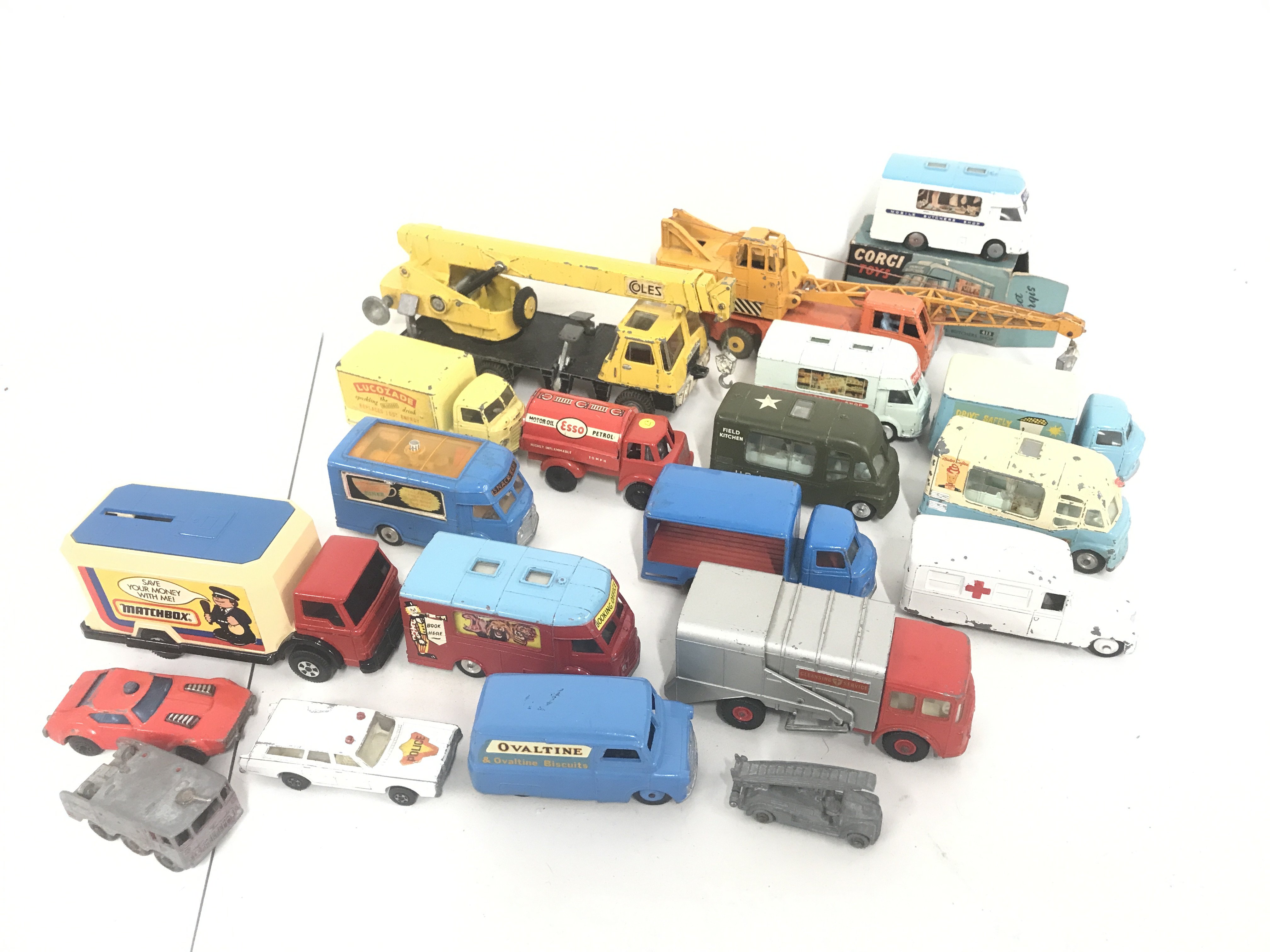 A Collection Of Playworn Diecast including Dinky. Corgi. And A Boxed Corgi Smiths Karrier Bantam Mobile Butchers Shop #413. No Reserve.