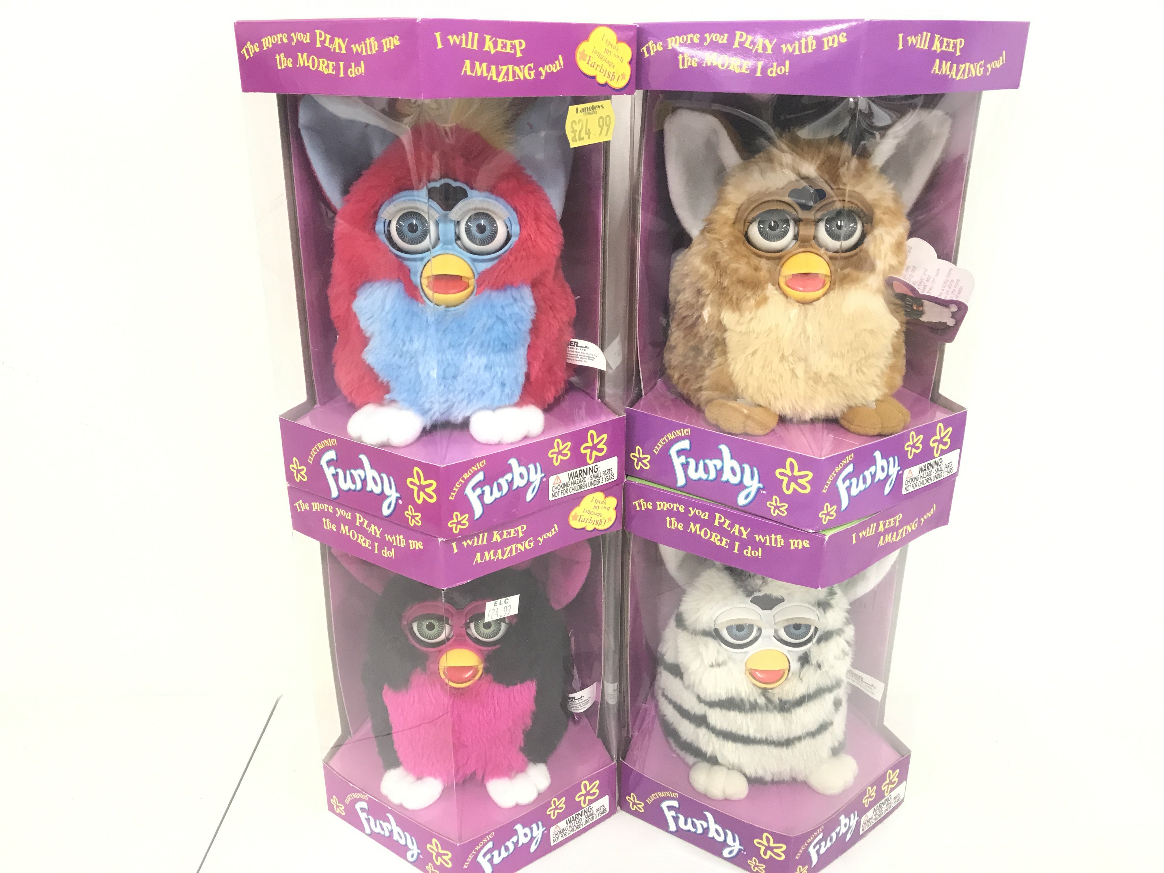 4 Boxed And Sealed Tiger/Hasbro Furbys. Including Giraffe. Zebra.Juicy Grape And Sherbet.