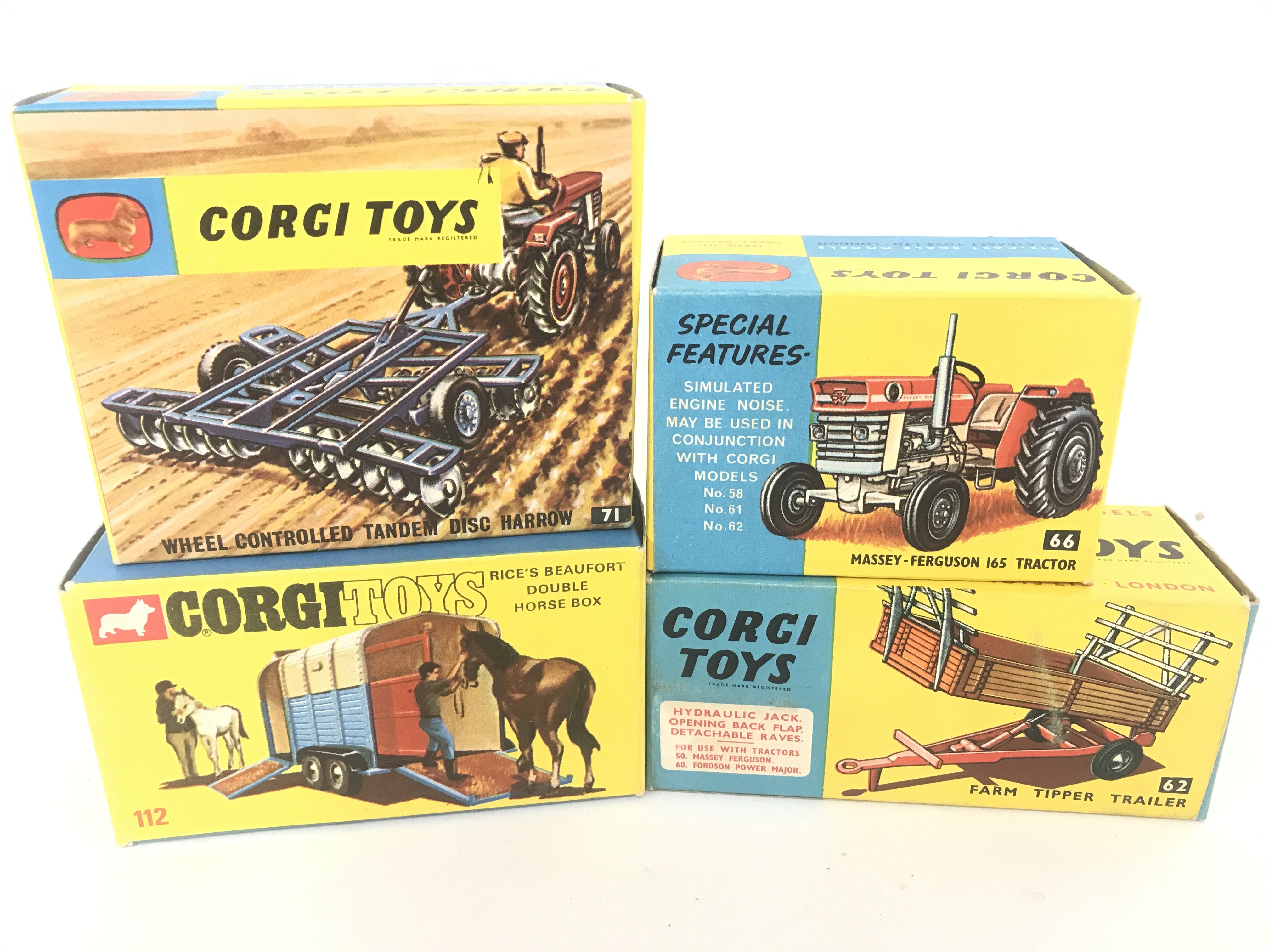 A Boxed Corgi Toys Massey-Ferguson 165 Tractor #66. A Wheel Controlled Tandem Disc Harrow #71. Rices Beaufort Double Horse Bow ##112 And A Farm Tipper Trailer #62. No Reserve.