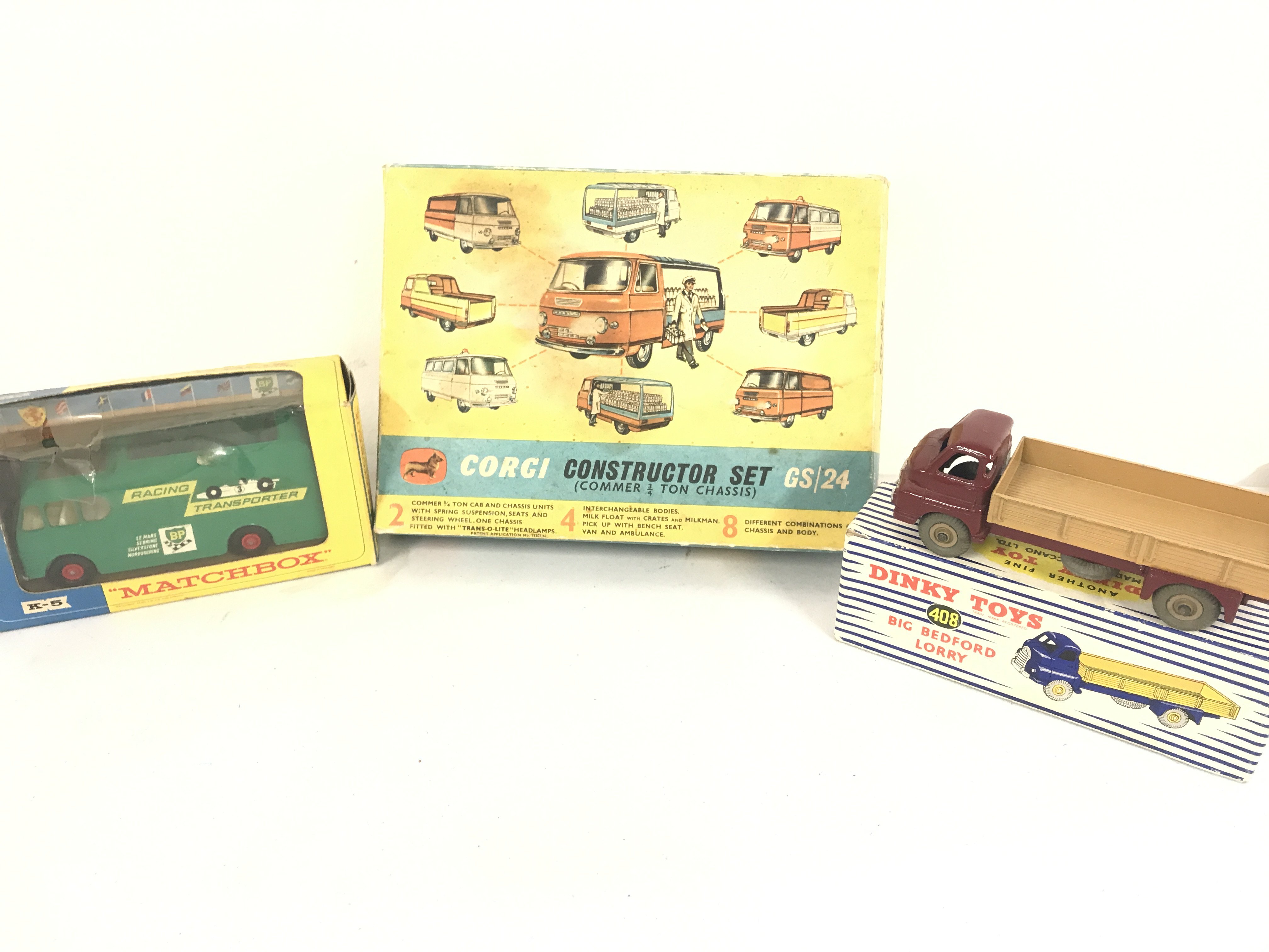 A Boxed Matchbox Racing Car Transporter #K-5. A Dinky Toys Big Bedford Lorry #408 And A Corgi Constructor Set #GS/24 Bench Missing.