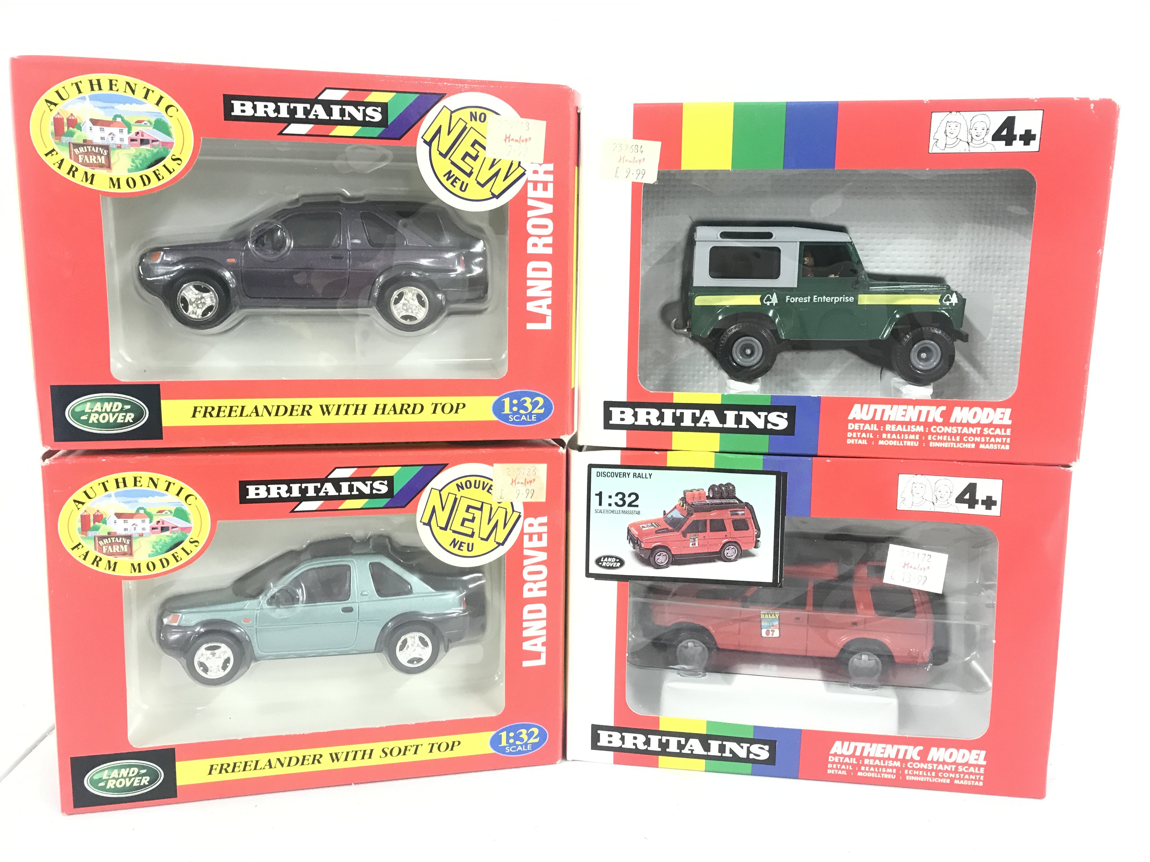 4 Boxed Britains Land Rovers. 2 Freelanders #s09484 And 09483. A Forest Enterprise Land Rover #5986 And A Discovery Rally #9482. (4).