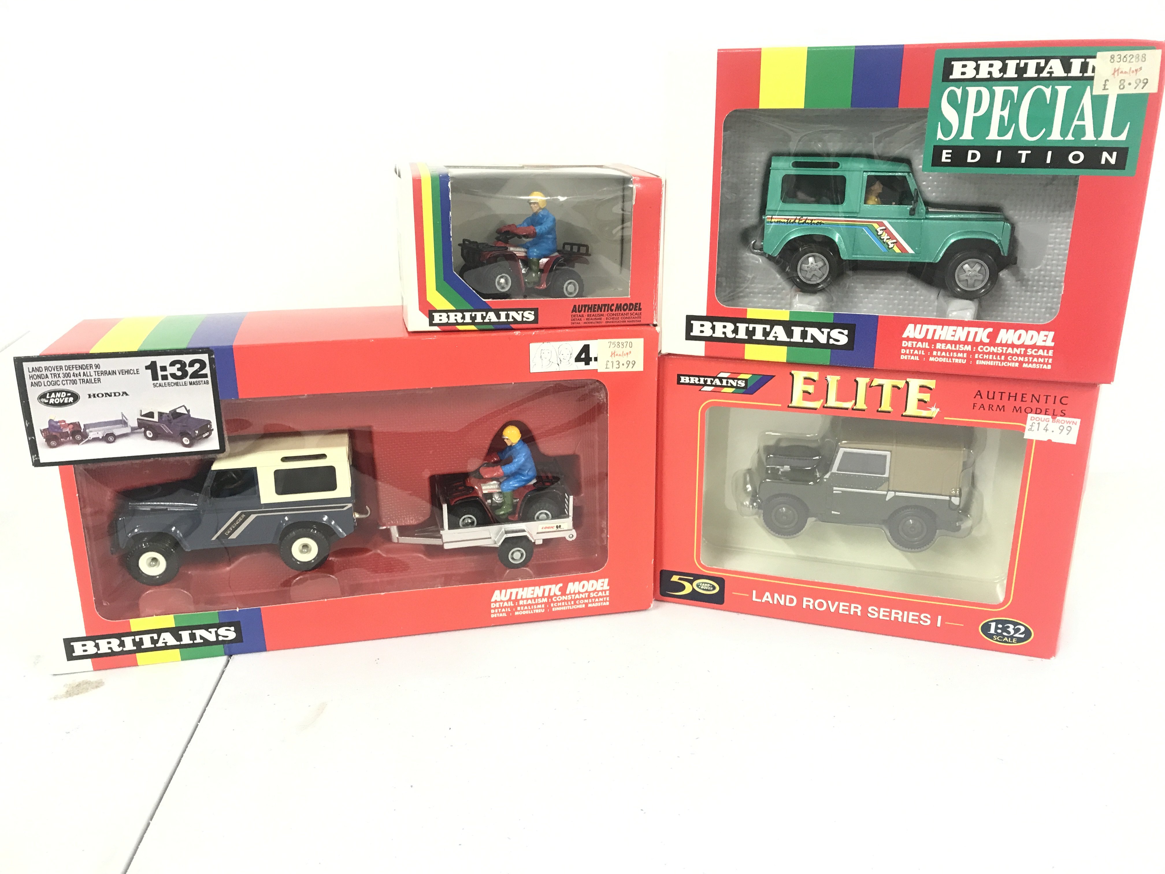 3 X Boxed Britains Land Rovers. A 4X4 #5946. A Land Rover Series I #00174 A Land Rover Defender 90 #9657. And A Honda All Terrain Vehicle #9401 (4).