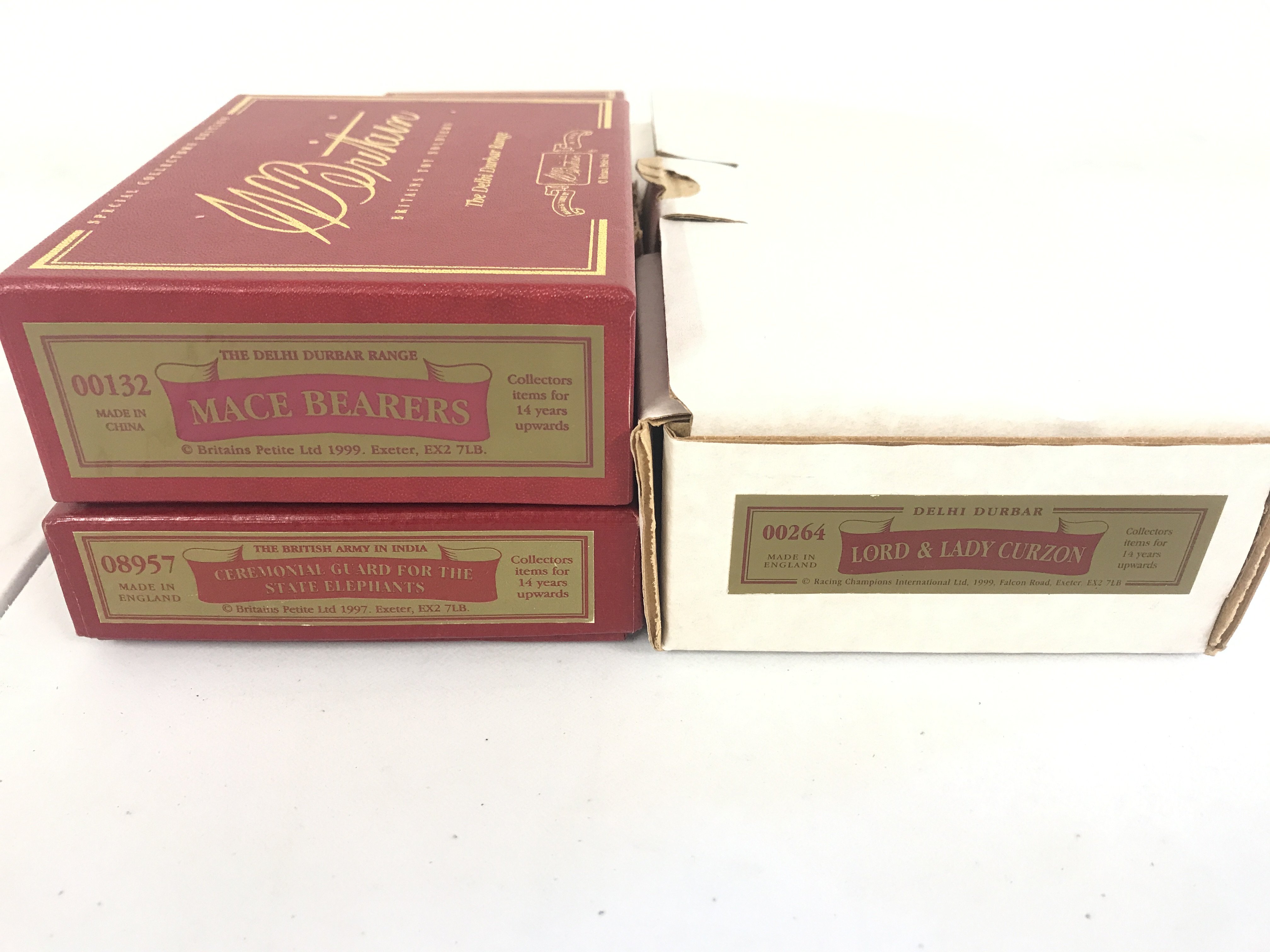 3 Boxed Britains Sets. Mace Bearers #00132. Lord And Lady Curzon #00264 And Ceremonial Guard For The State Elephants #08956.