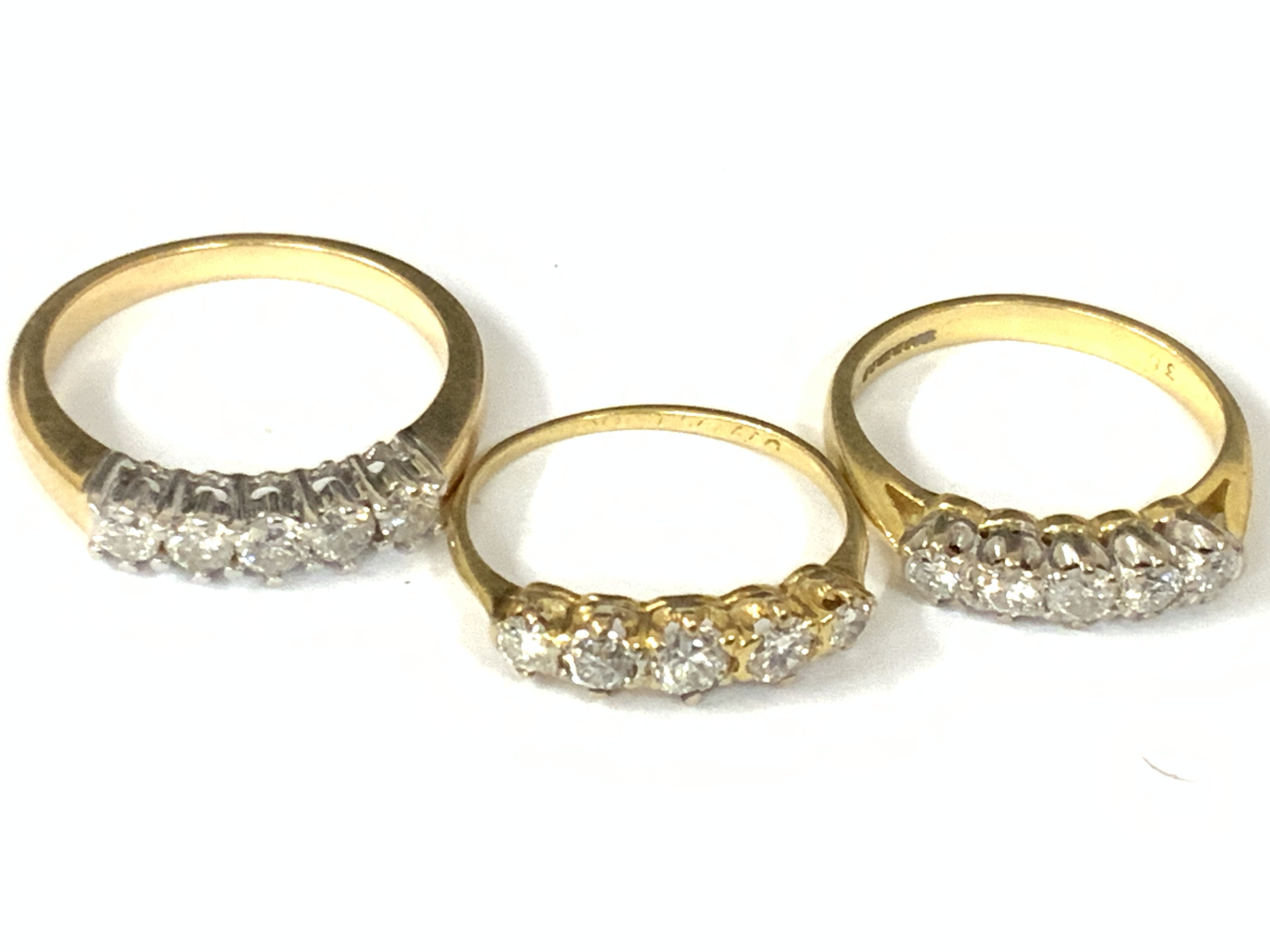 Three 18ct gold five stone diamond rings. Approx ring size I,J,N. Approx 8.5g. Postage category A