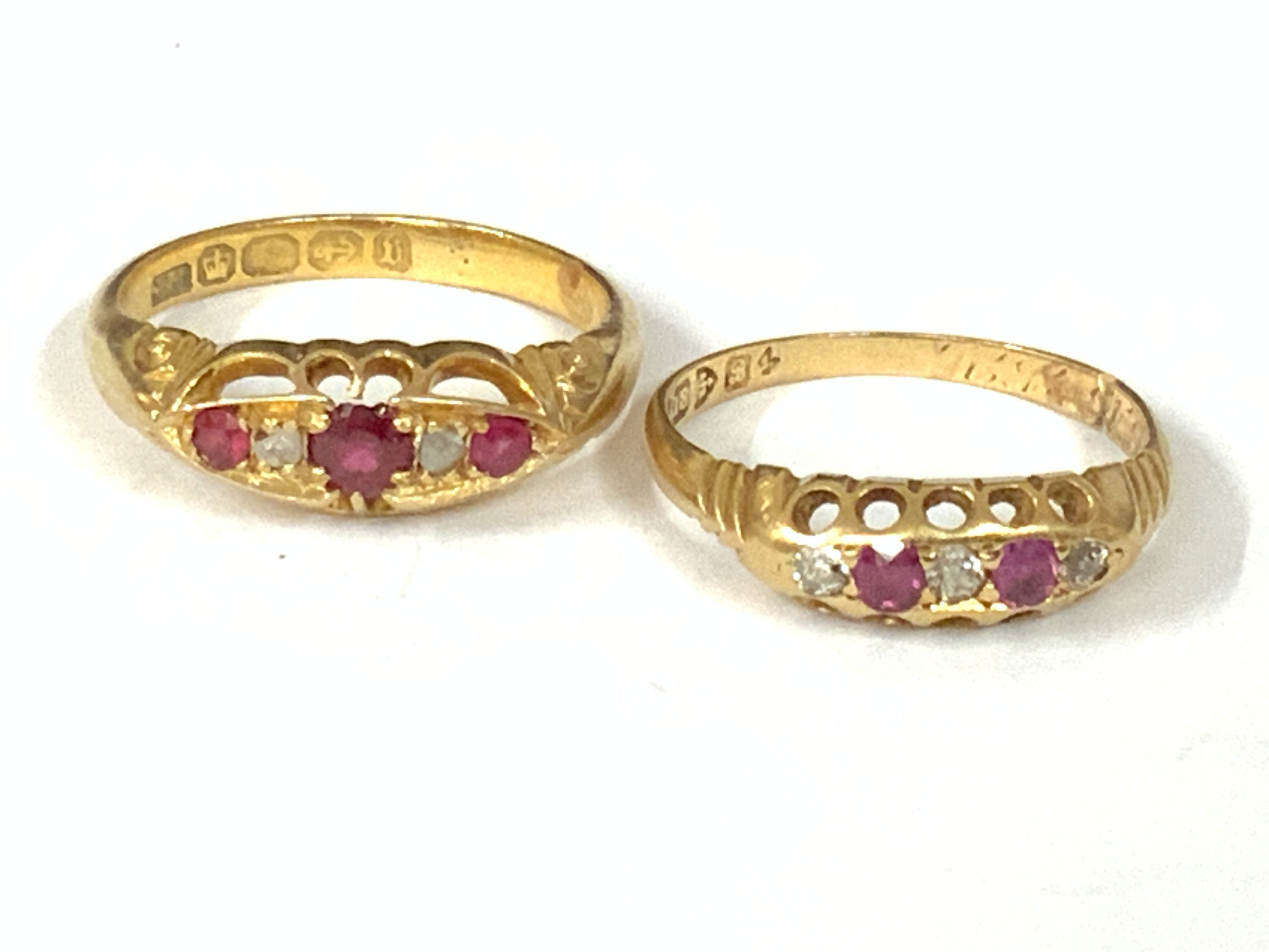Two 18ct gold ruby/diamond five stone rings. Approx ring size L,N. Approx 6.6g. Postage category A
