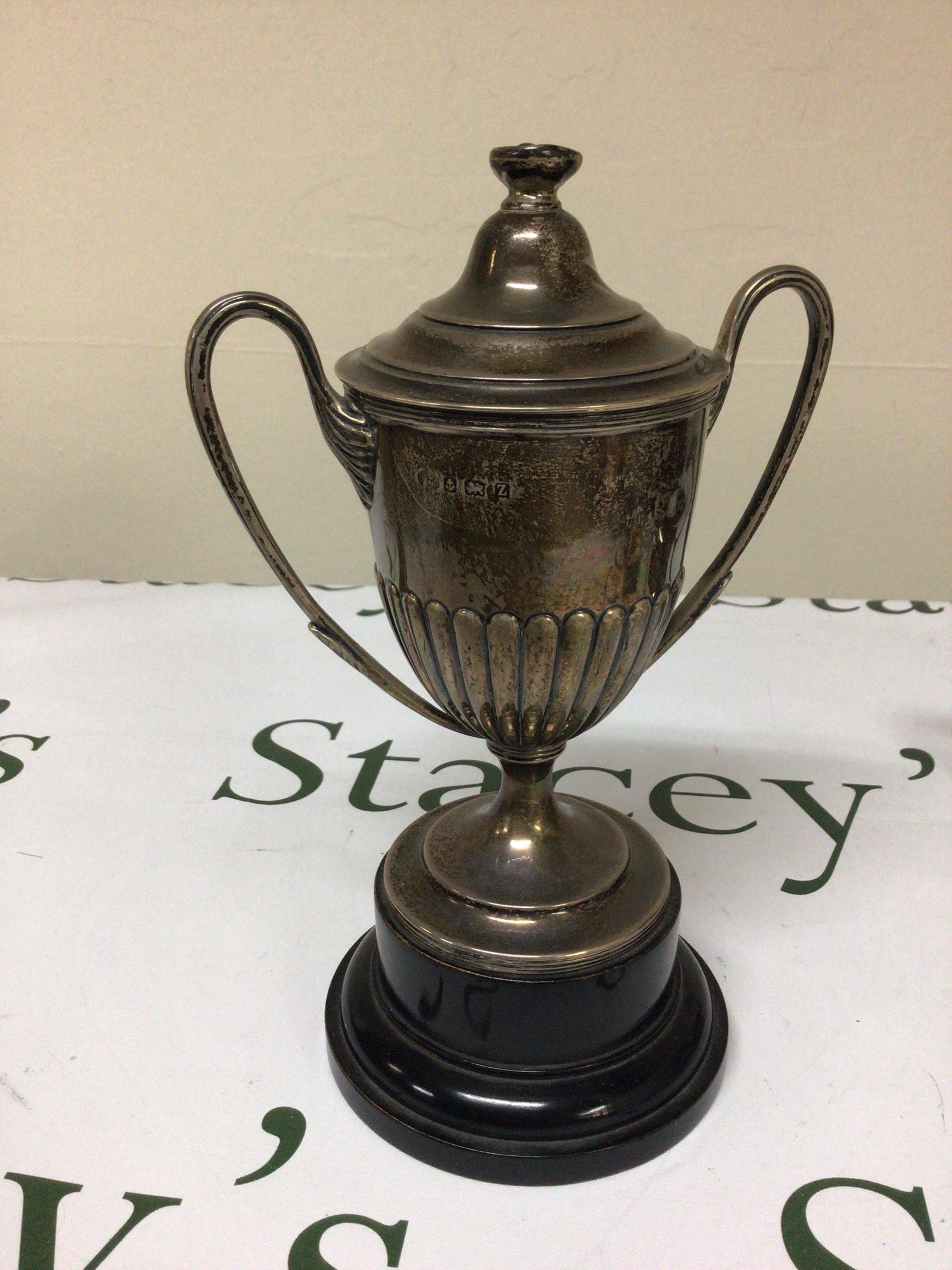 A Silver Trophy cup and lid with half fluted sides Birmingham hallmarks. No inscriptions.Height 23cm. Weight 255g