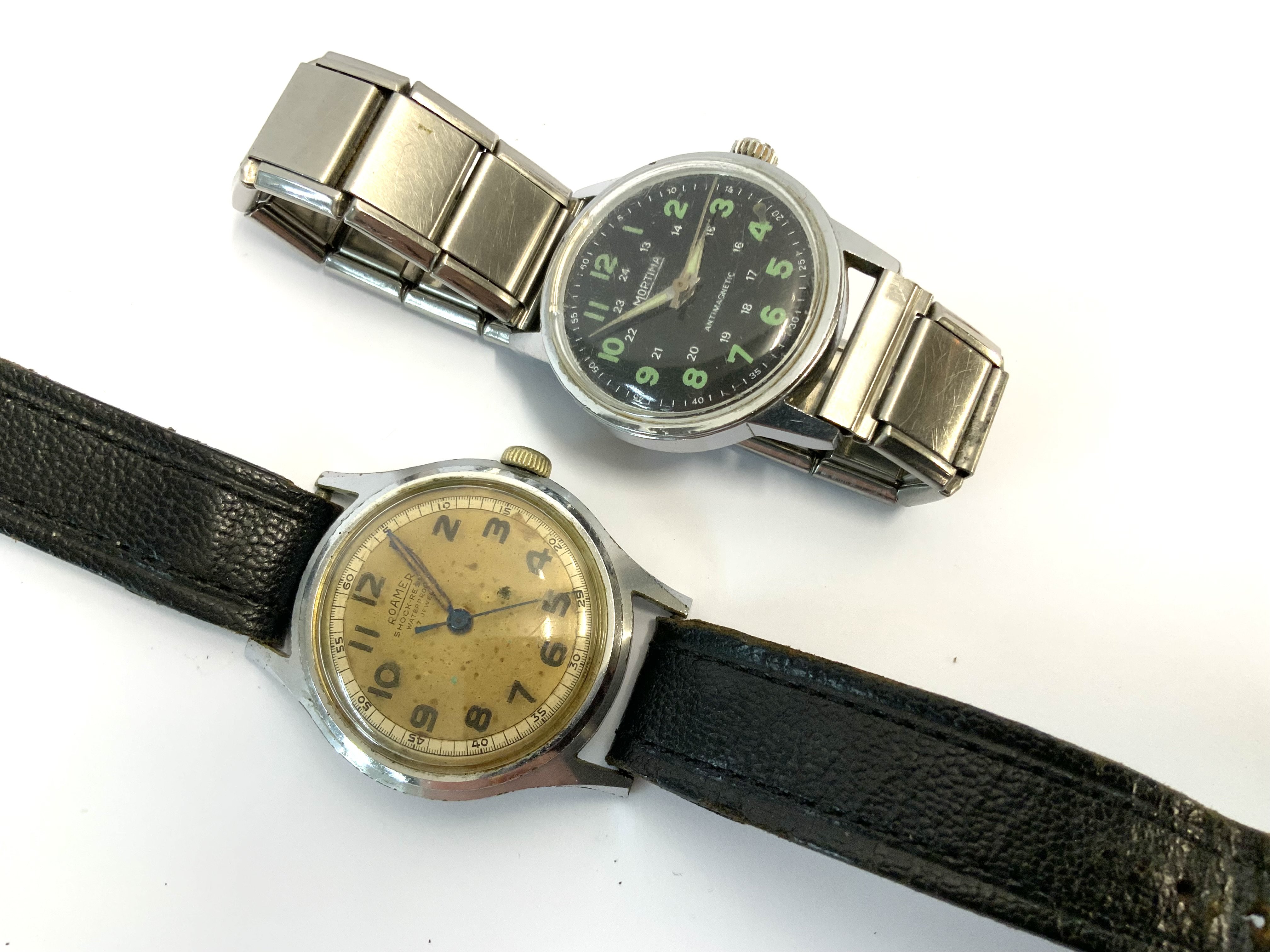 2 Vintage wristwatches. Mortimer Antimagnetic c.1940 together with a Roamer 17 Jewel wristwatch c.1950s. (both watches NOT working).