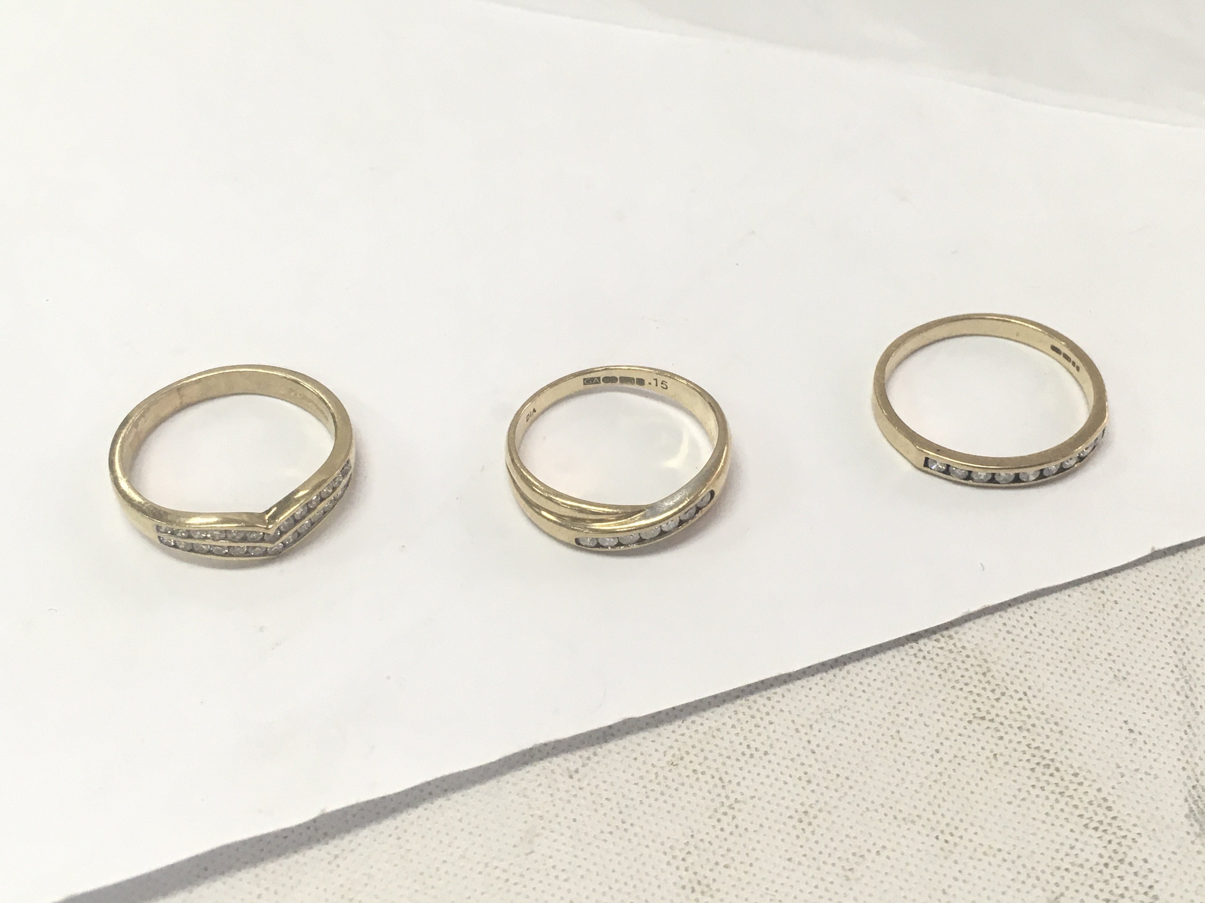 Three 9ct gold diamond row set rings. Approx weight 6.7 grams, size N,O,P.