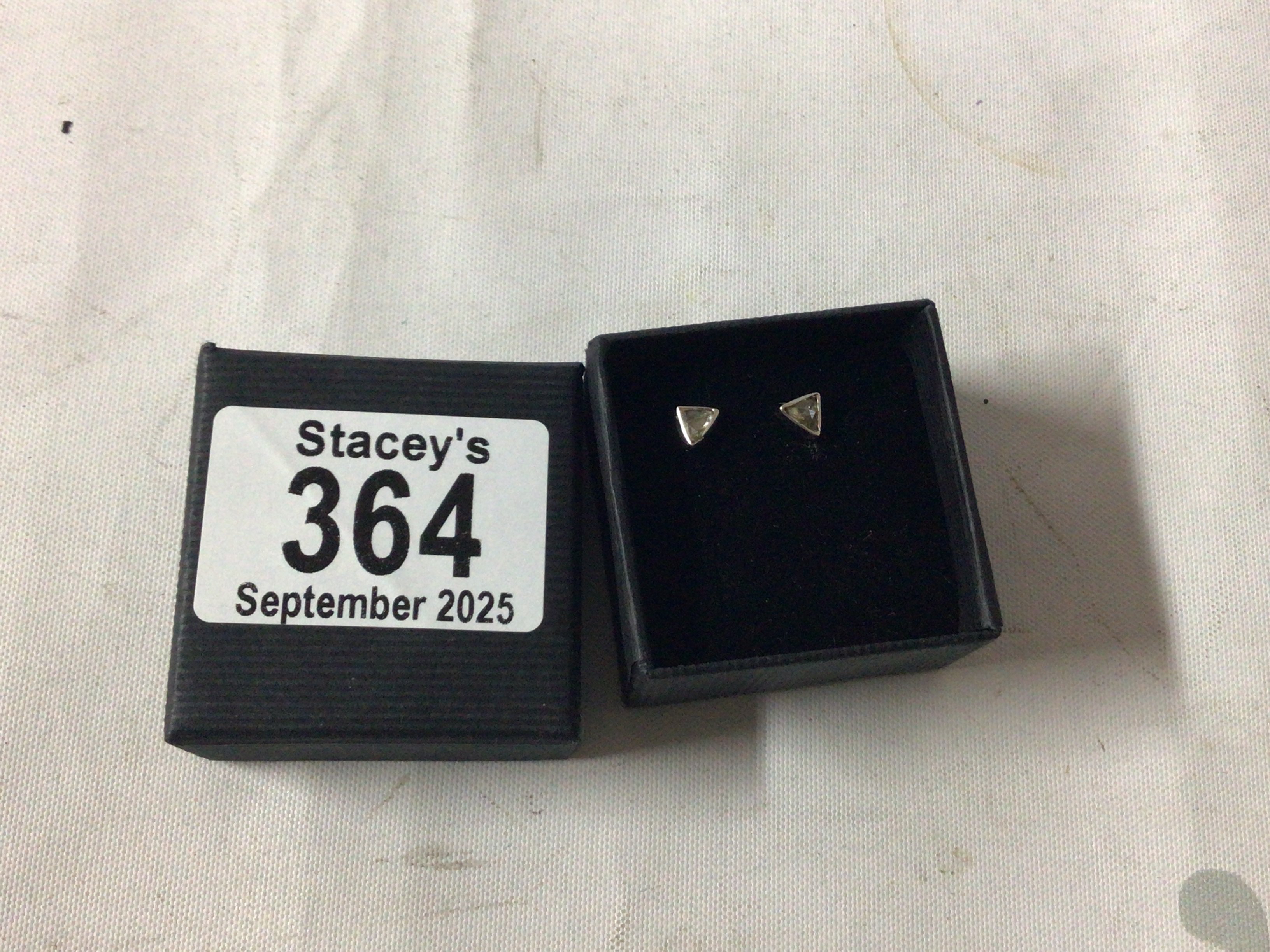 A pair of silver earrings.