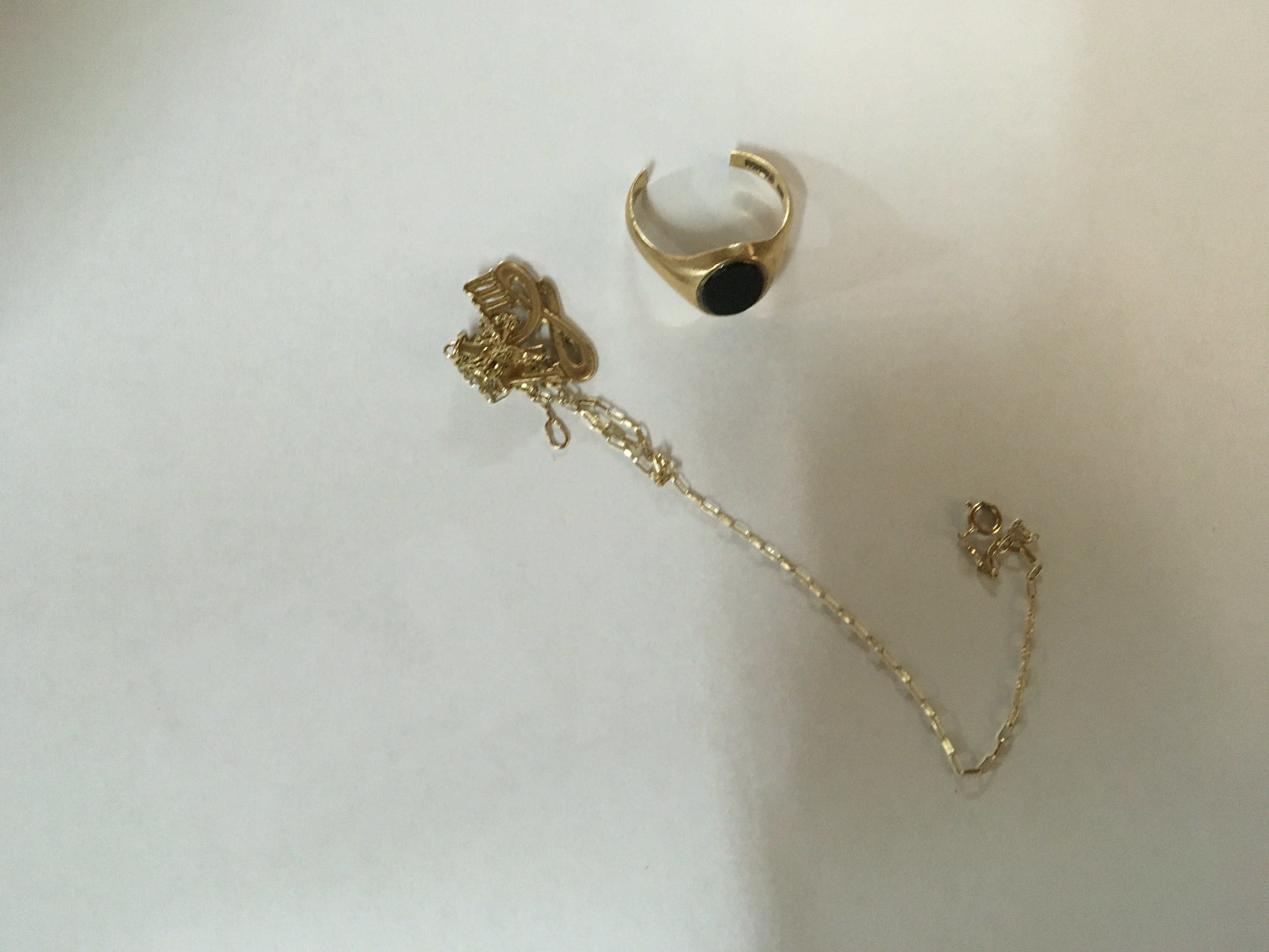 A broken 9 ct gold chain and ring total weight 4.5 grams .together with watch chain costume jewellery and cufflinks.