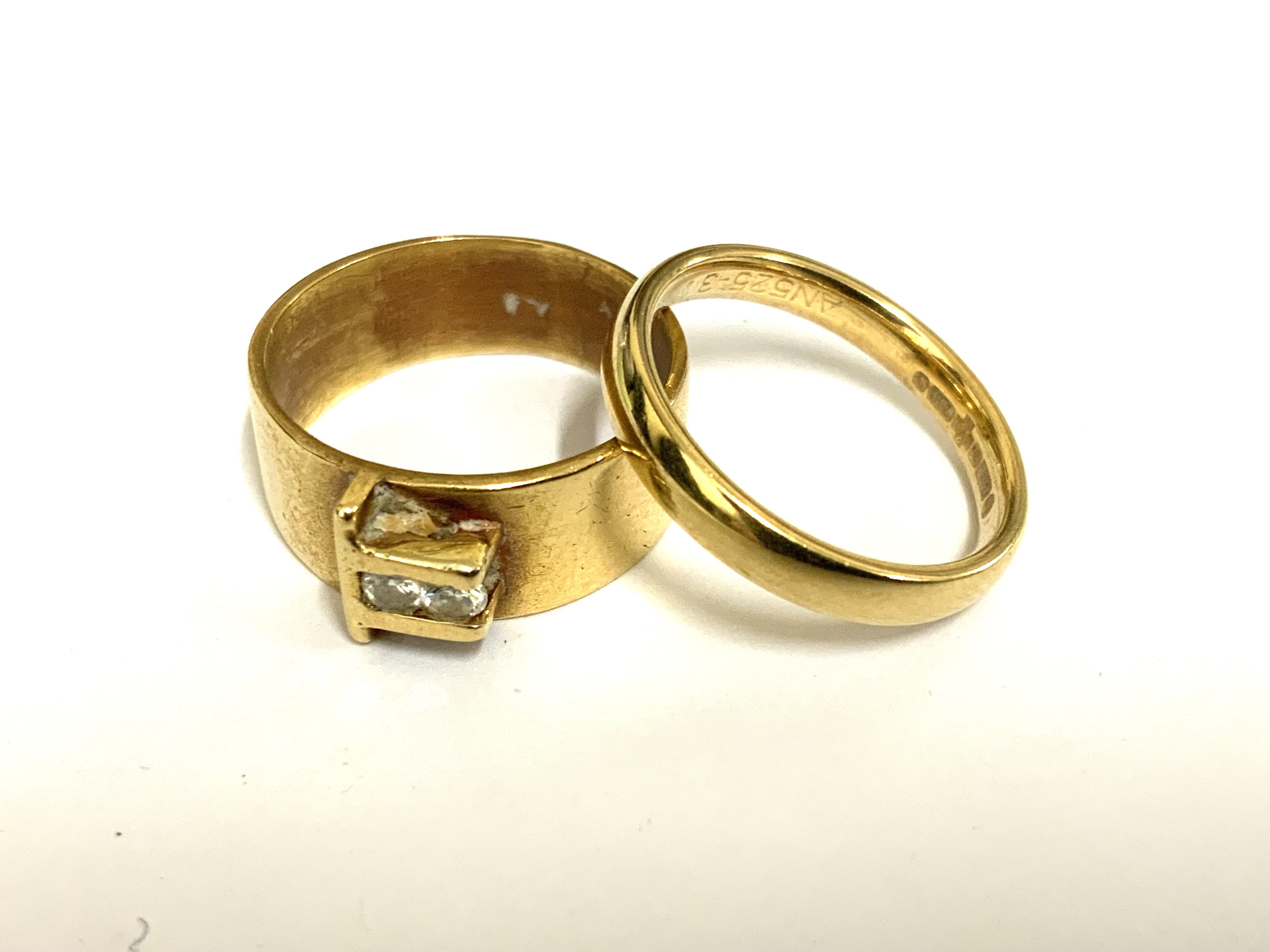 An 18ct gold band inset with 2 diamonds 5.85g together with a 18ct gold wedding band 3.5g (A)