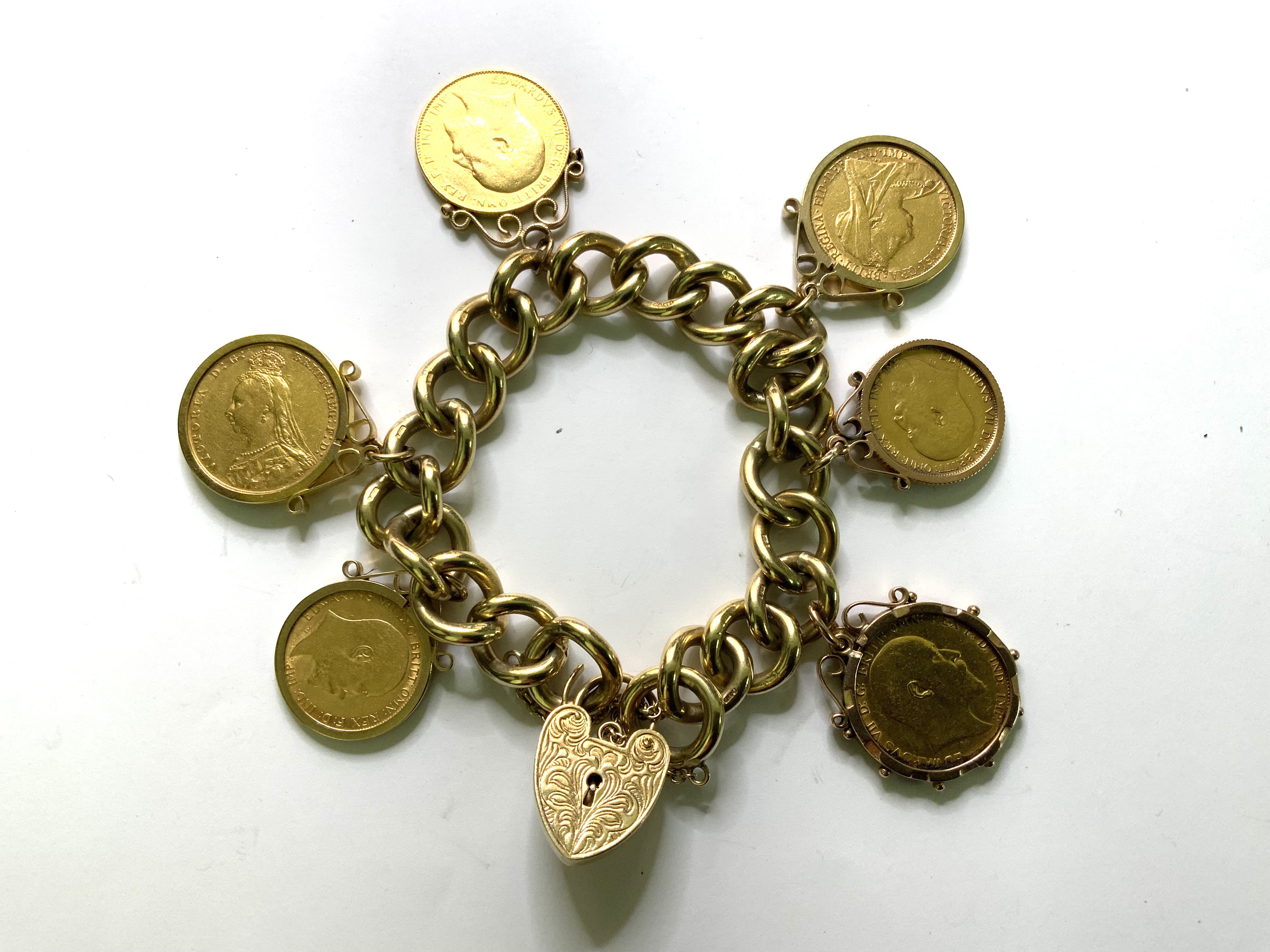 A heavy 9ct gold bracelet with heart lock with 4 Full sovereigns (3 with 9ct gold coin mounts) 1898, 1899, 1902, 1910 (soldered mount), 2 half sovereigns (9ct gold coin mounts) 1905, 1908. (A), total weight 103.07g