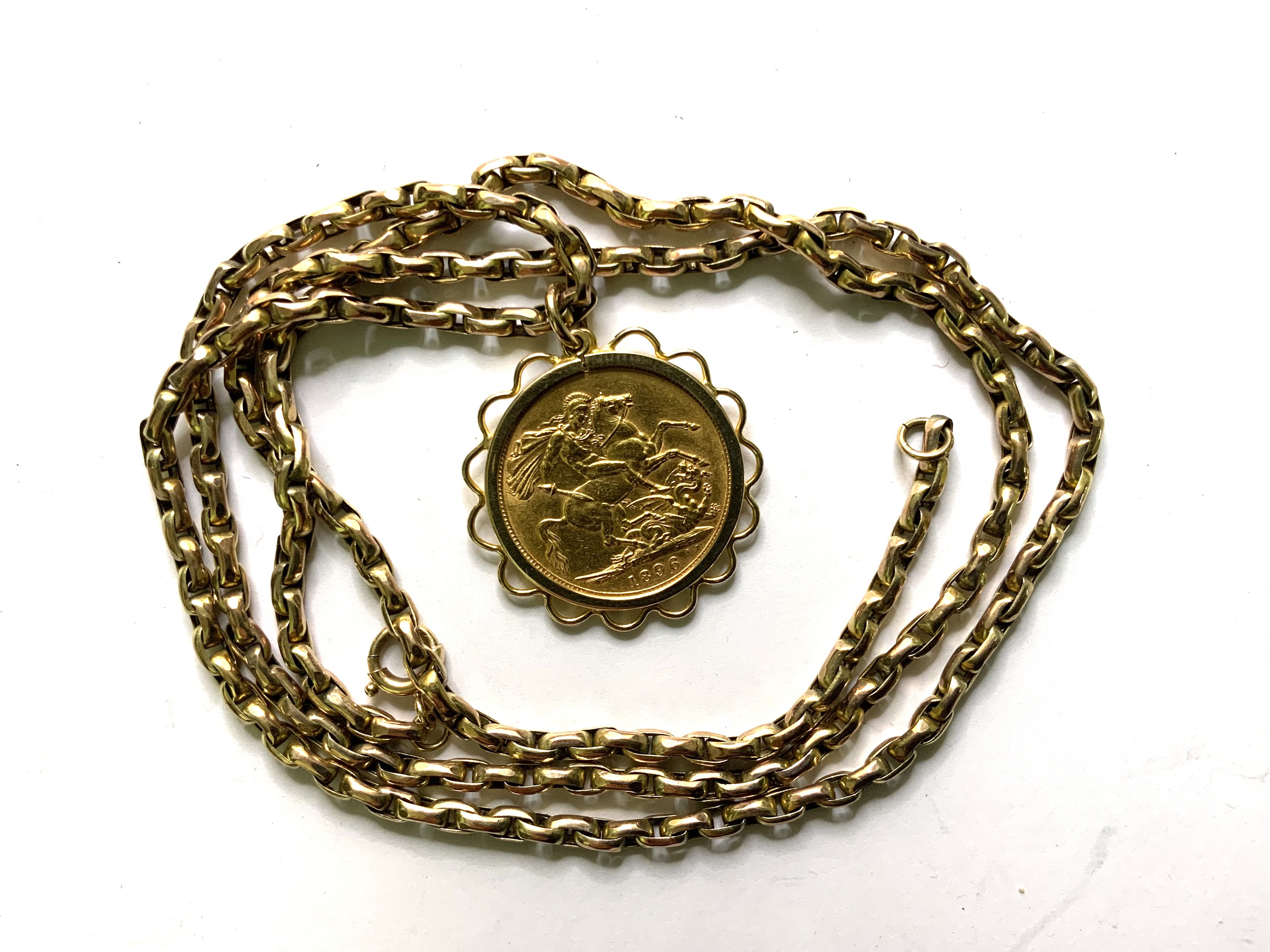 A 9ct gold necklace with a full 1896 full sovereign in a 9ct gold coin mount. Total weight 23.6g (A)