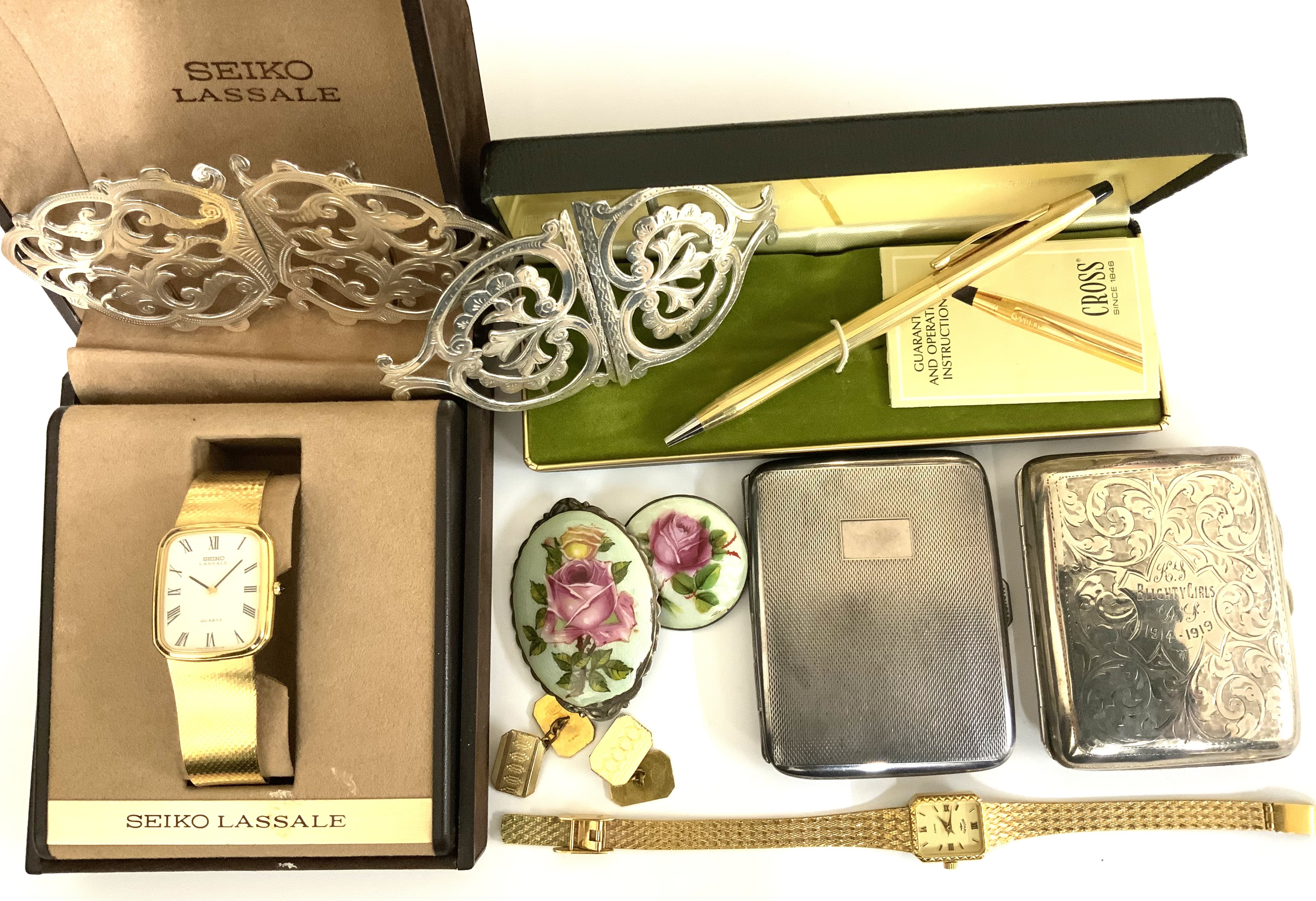 Mixed lot, Vinatge Seiko Lassale Gents gold plated quartz wrist watch, 2 hallmarked silver nurses buckles, 2 hallmarked silver and guilloche enamel brooches, Cross pen with box and papers, hallmarked silver cigarette case, plus additional items.