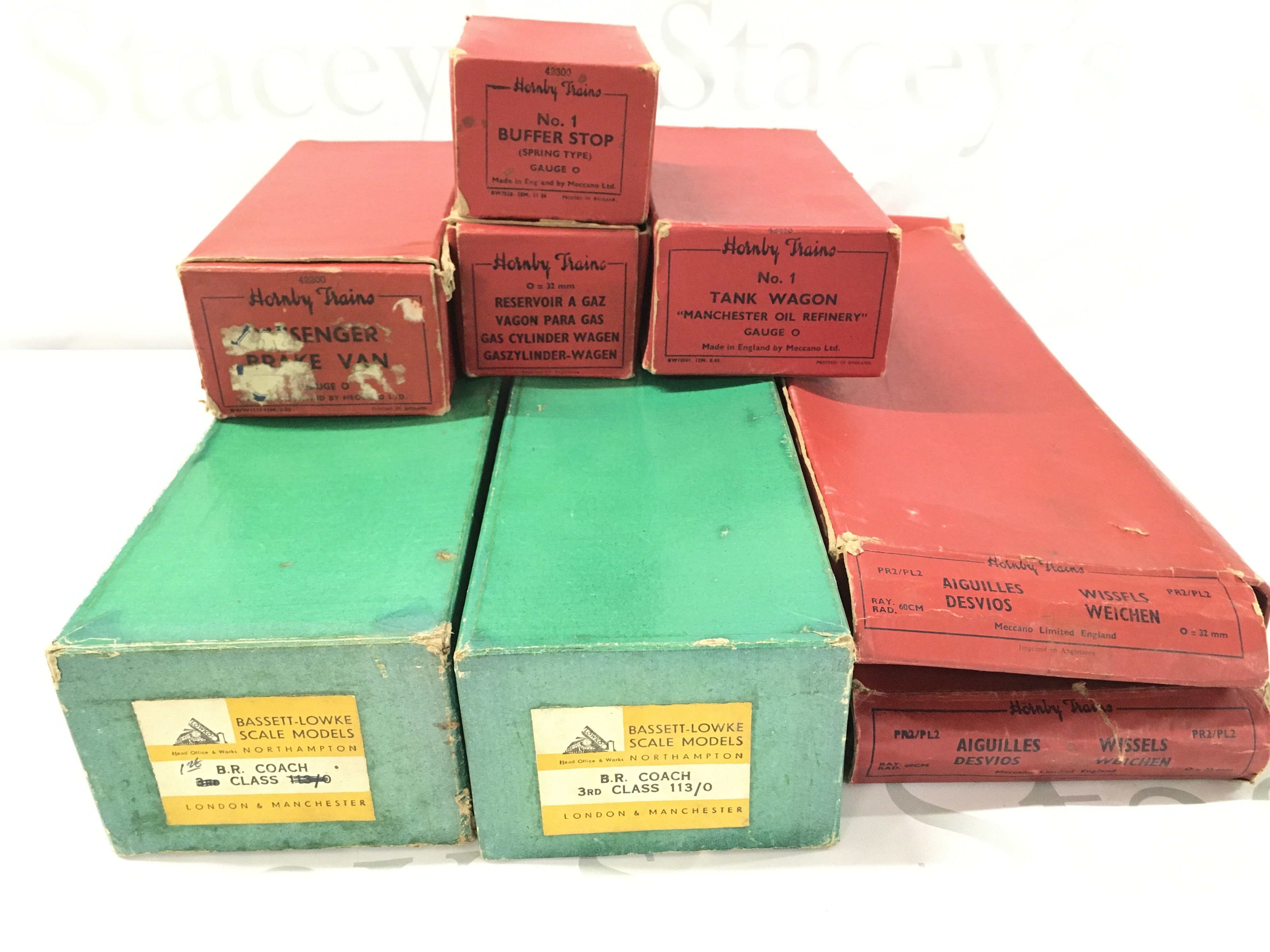 2 X Boxed 0 Gauge Bassett-Lowke Coaches and A small College of Boxed Hornby 0 Gauge wagons Track Etc.