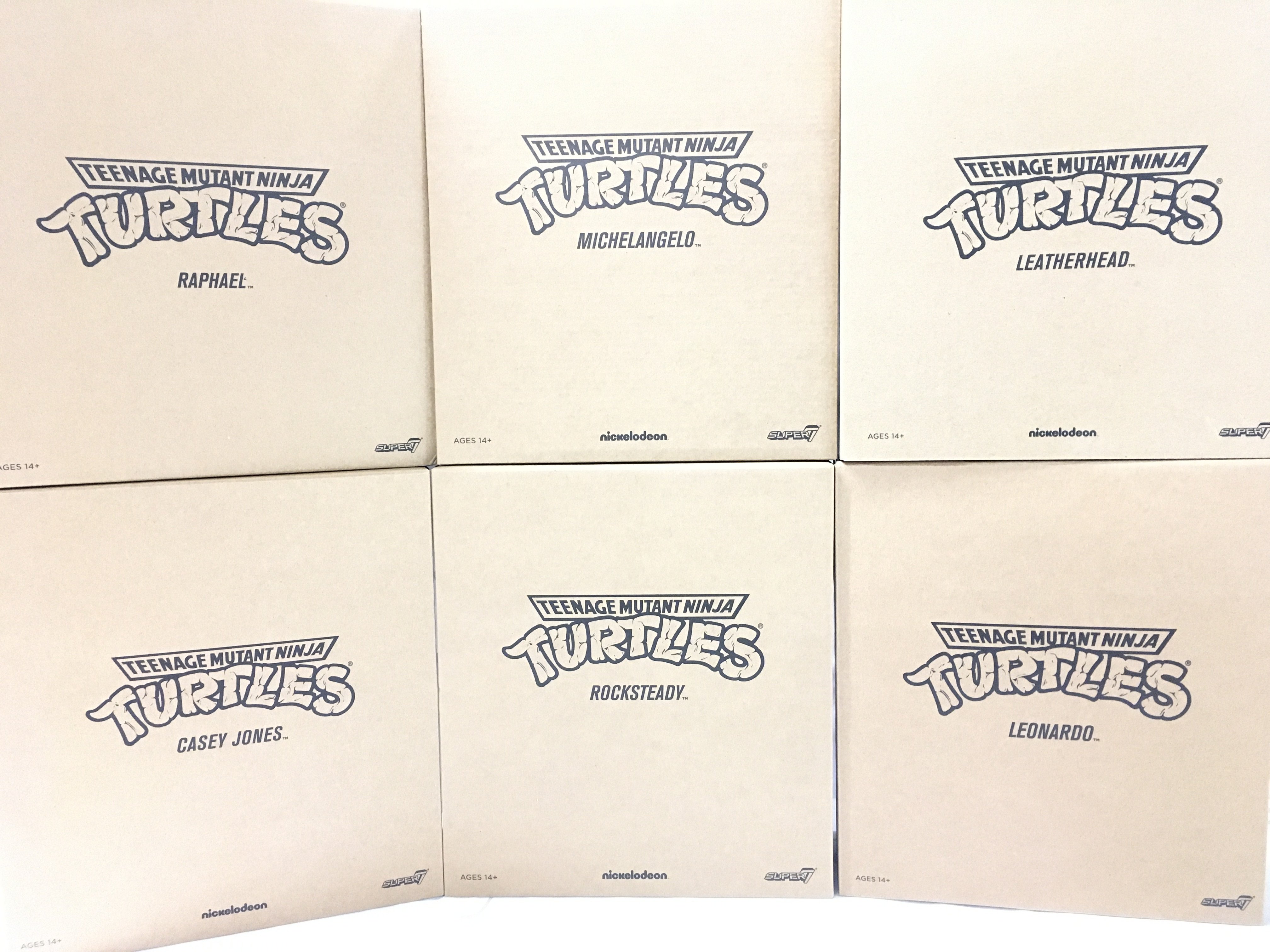6 Brand New Boxed Super 7 Teenage Mutant Ninja Figures.