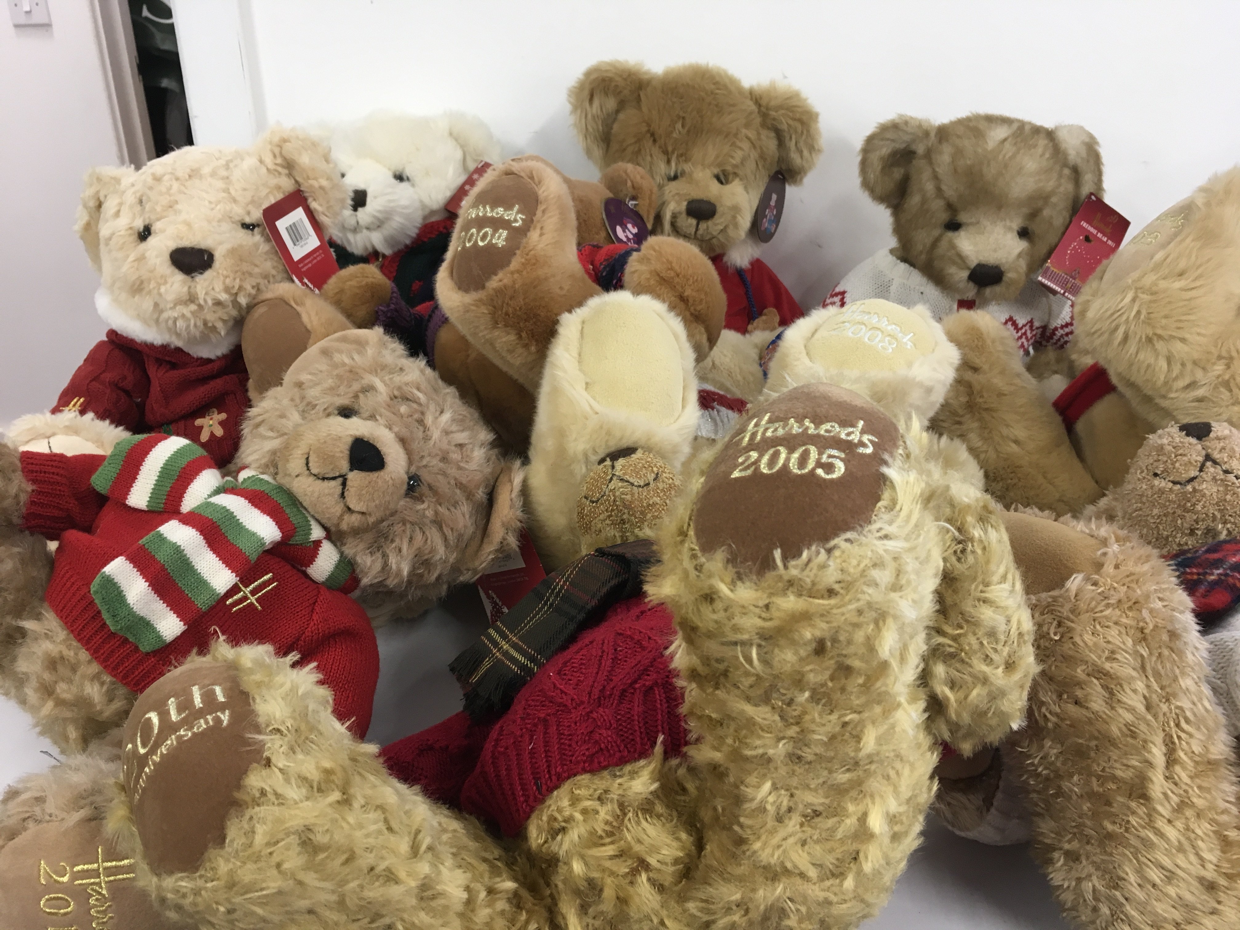 A collection of 10 Harrods Christmas Teddy Bears from 2002 to 2011. No reserve
