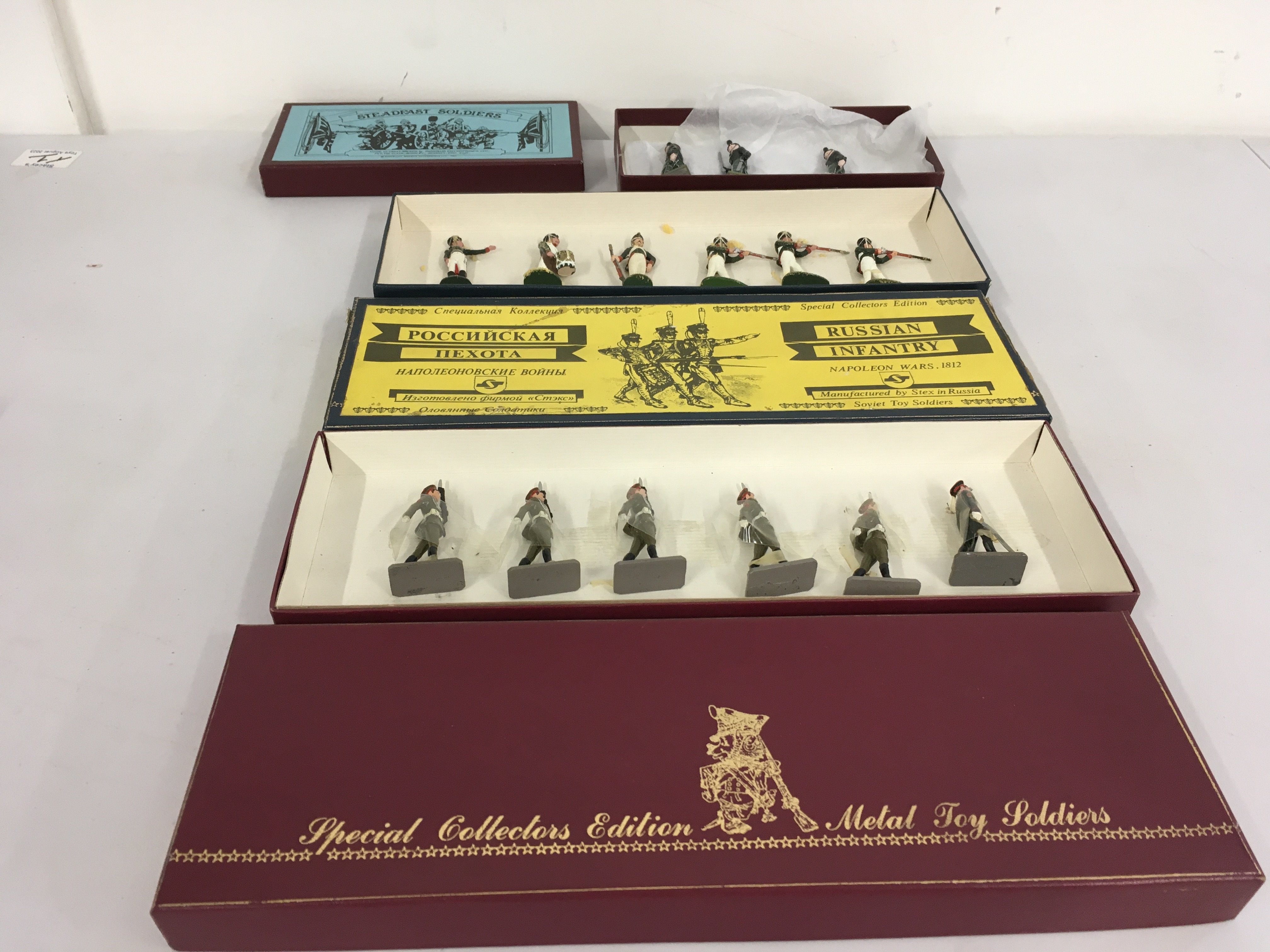 3 boxes of metal military Minature figures. Manufacturers include Steadfast. Featuring the Cameroonians..Britains featuring infantry and Stex featuring Russian infantry. No reserve
