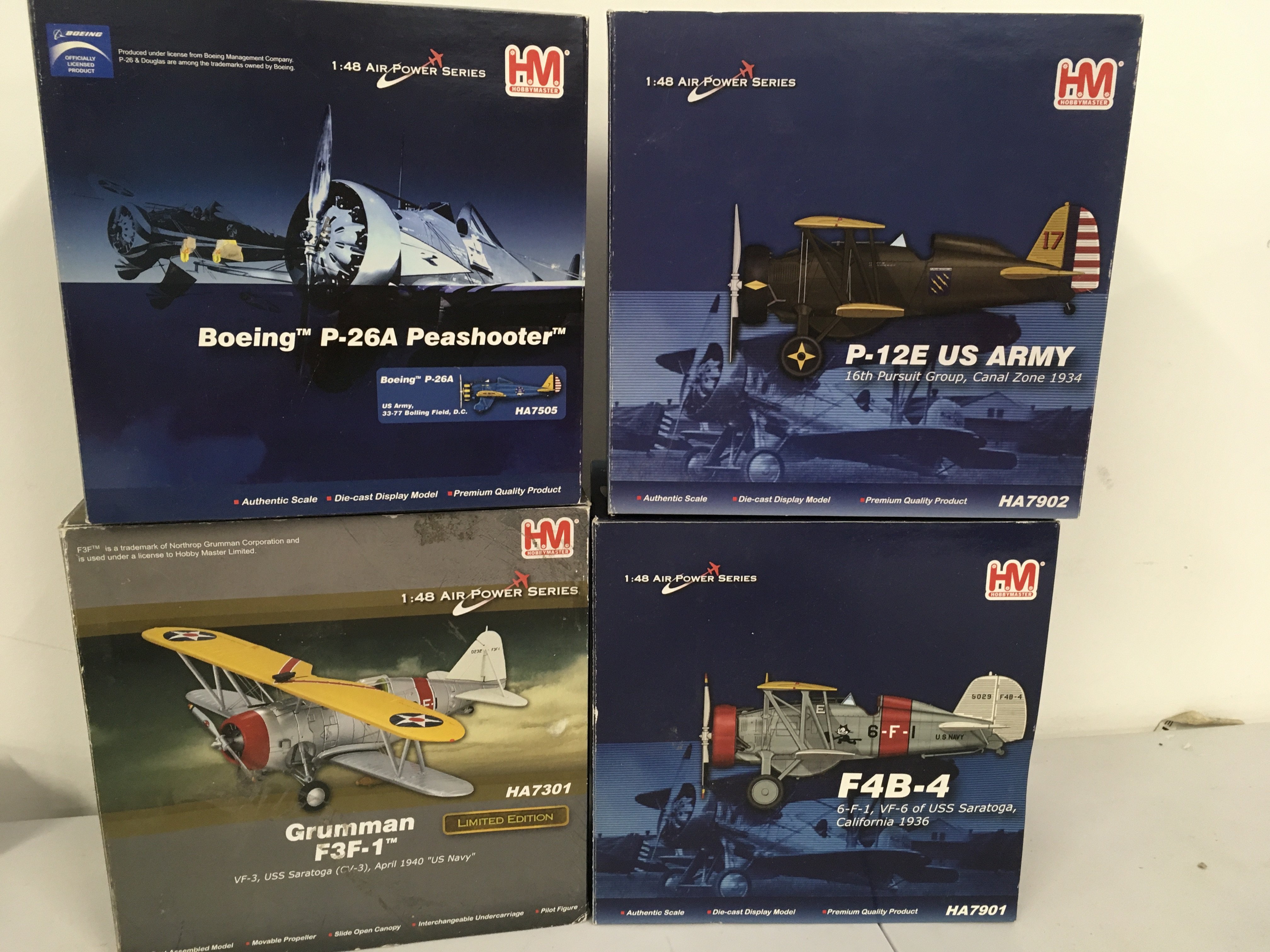 A collection of 4 boxed HobbyMaster model planes in the 1..48 Air Power series. Featuring HA 7505 HA7301. HA7901. HA7902. No reserve