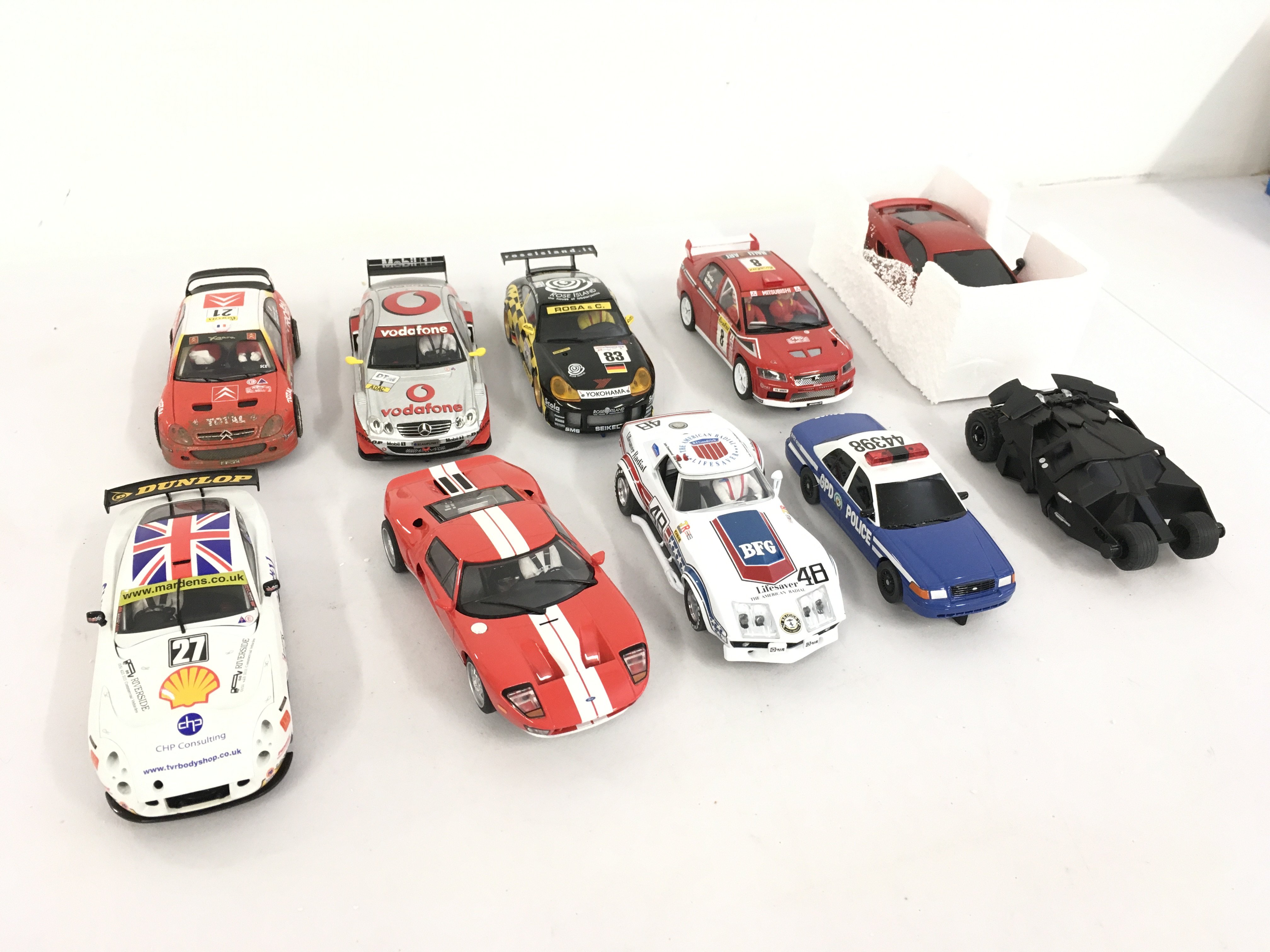 A collection of loose Scalextric..Hornby racing slot cars including a Batman Tumbler.. no reserve.