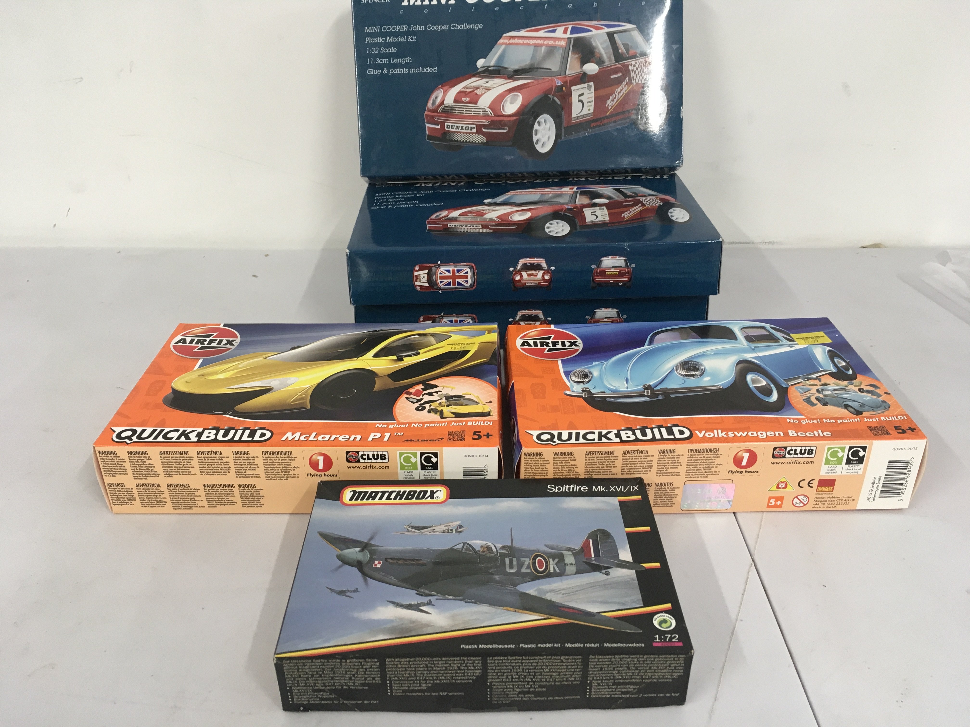 A group of 6 boxed model kits by Airfix &hellip;Matchbox&hellip;Marks and Spencer&rsquo;s featuring cars and Spitfire. All appear unstarted. No reserve