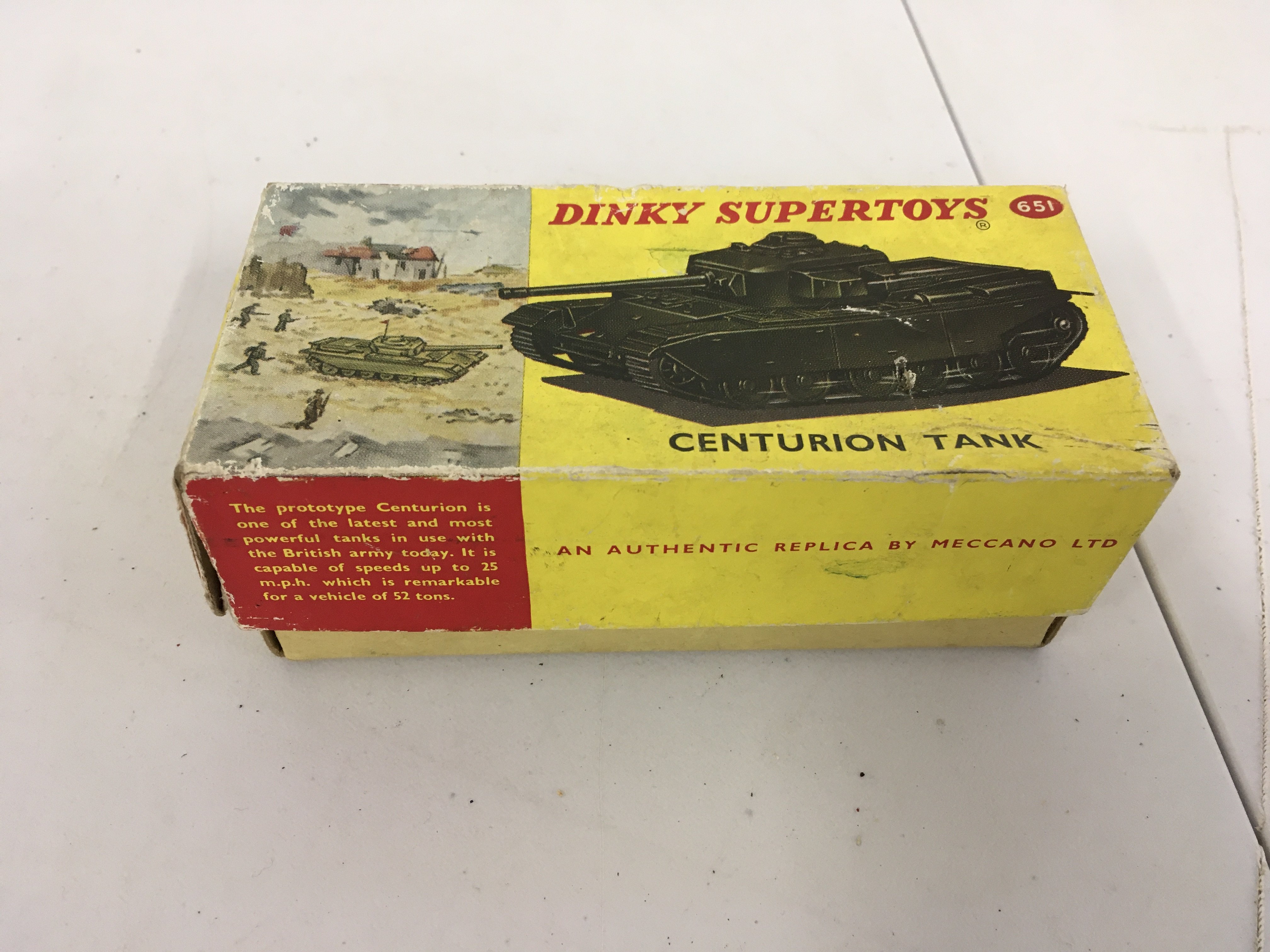 A boxed diecast model Centurion Tank by Dinky no.651. Box is worn. No reserve