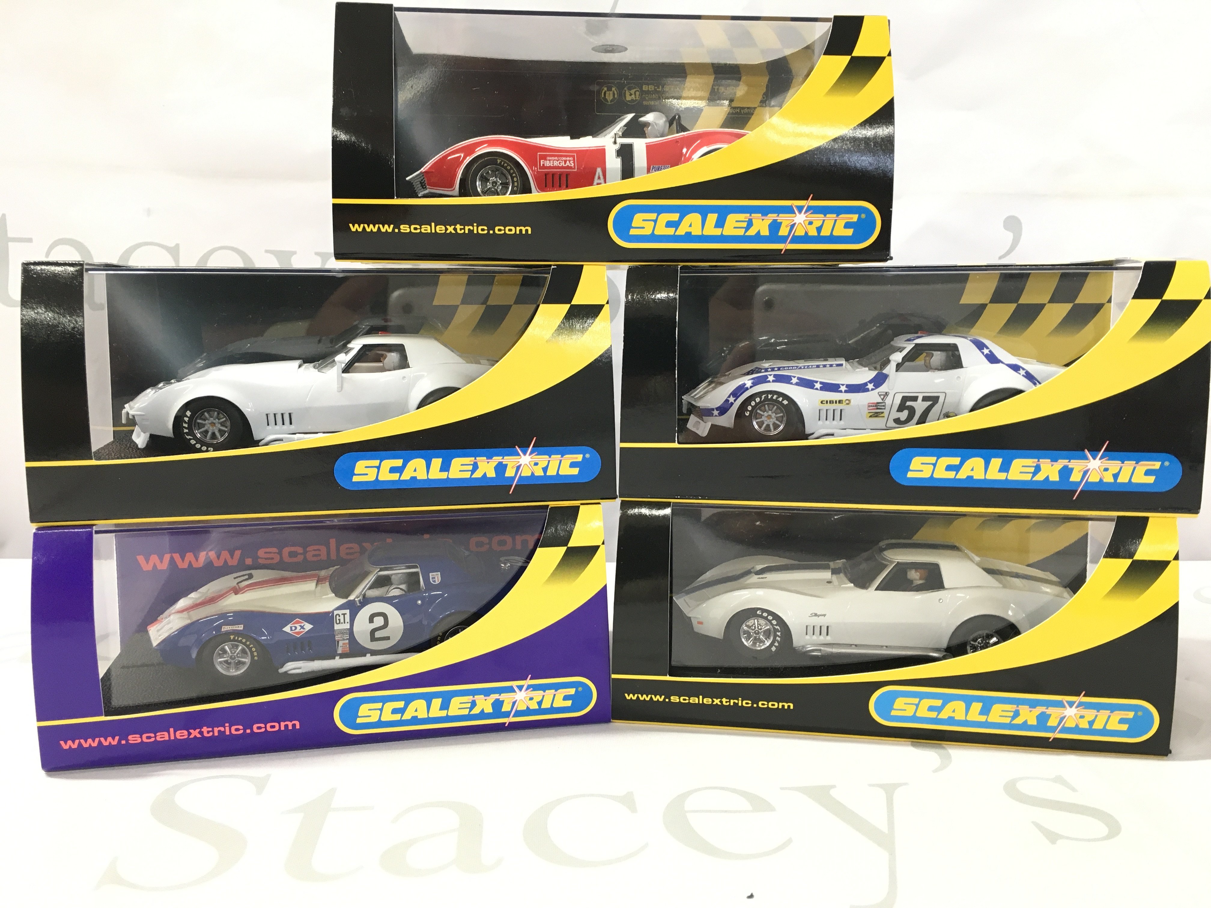 5 Boxed Scalextric Cars. All Corvettes.