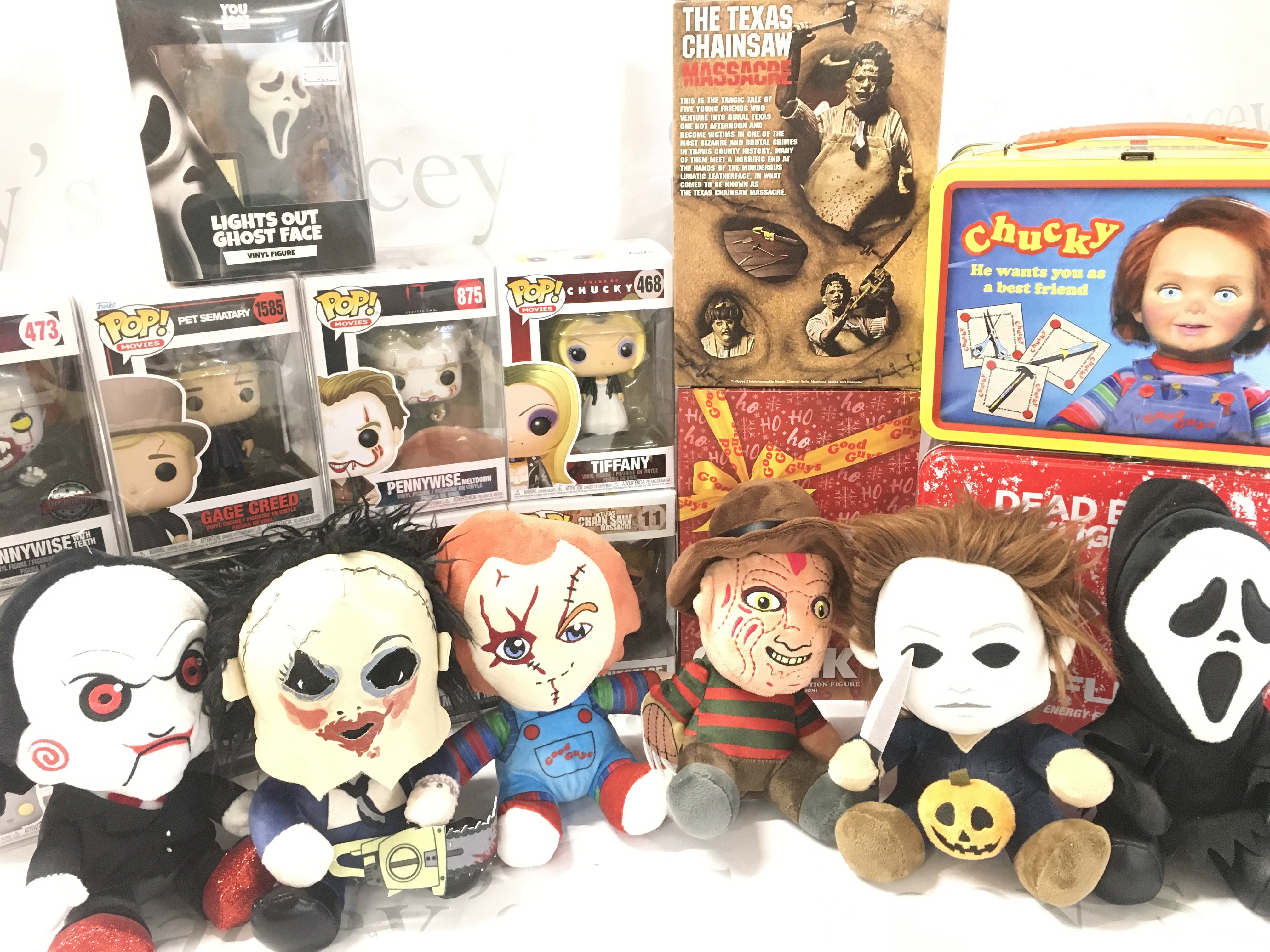 A Collection of Horror movie Funko Pop Figures. Soft Toys And Others.