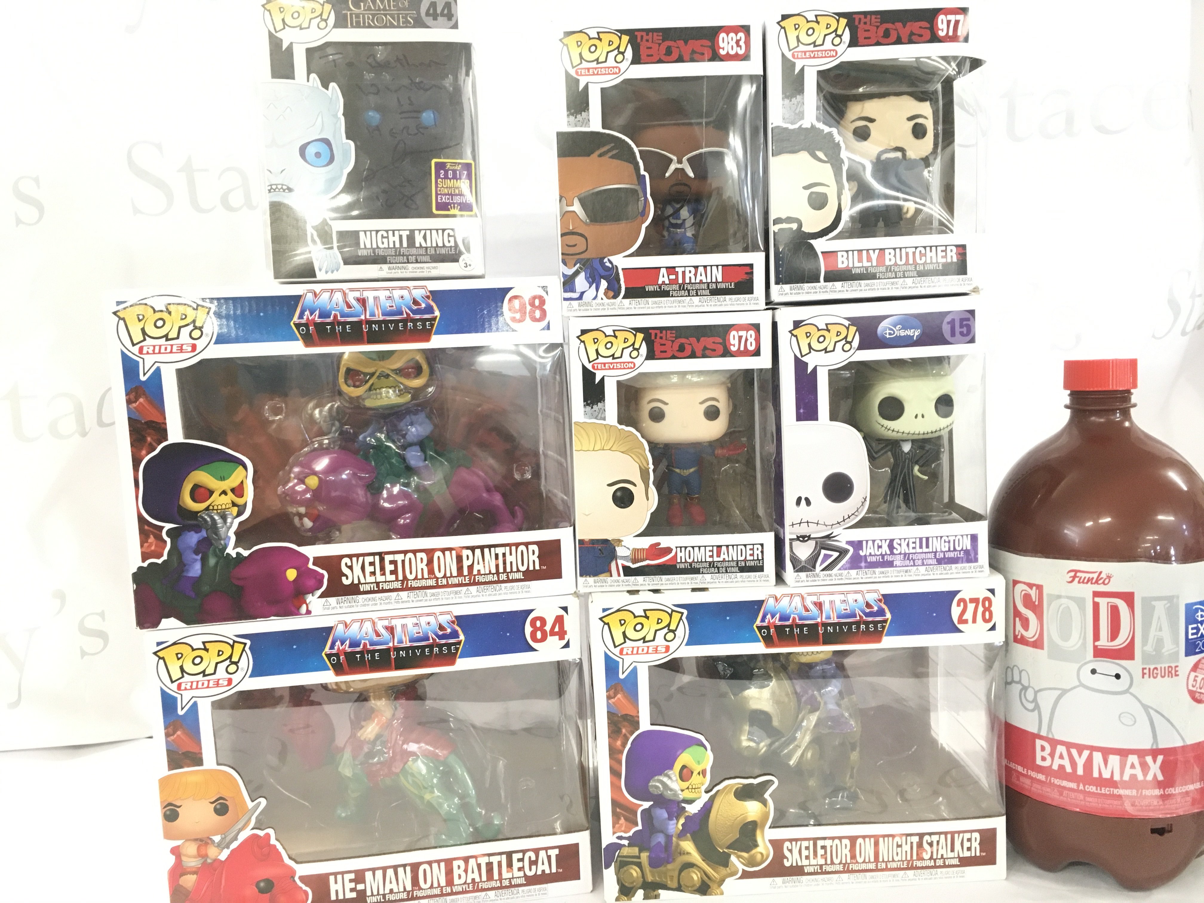 A Collection of Boxed Funko Pop Figures. Including Masters Of The Universe. The Boys. A Expo 2022 Exclusive And A Signed Game Of Thrones Night King 2017 Exclusive.