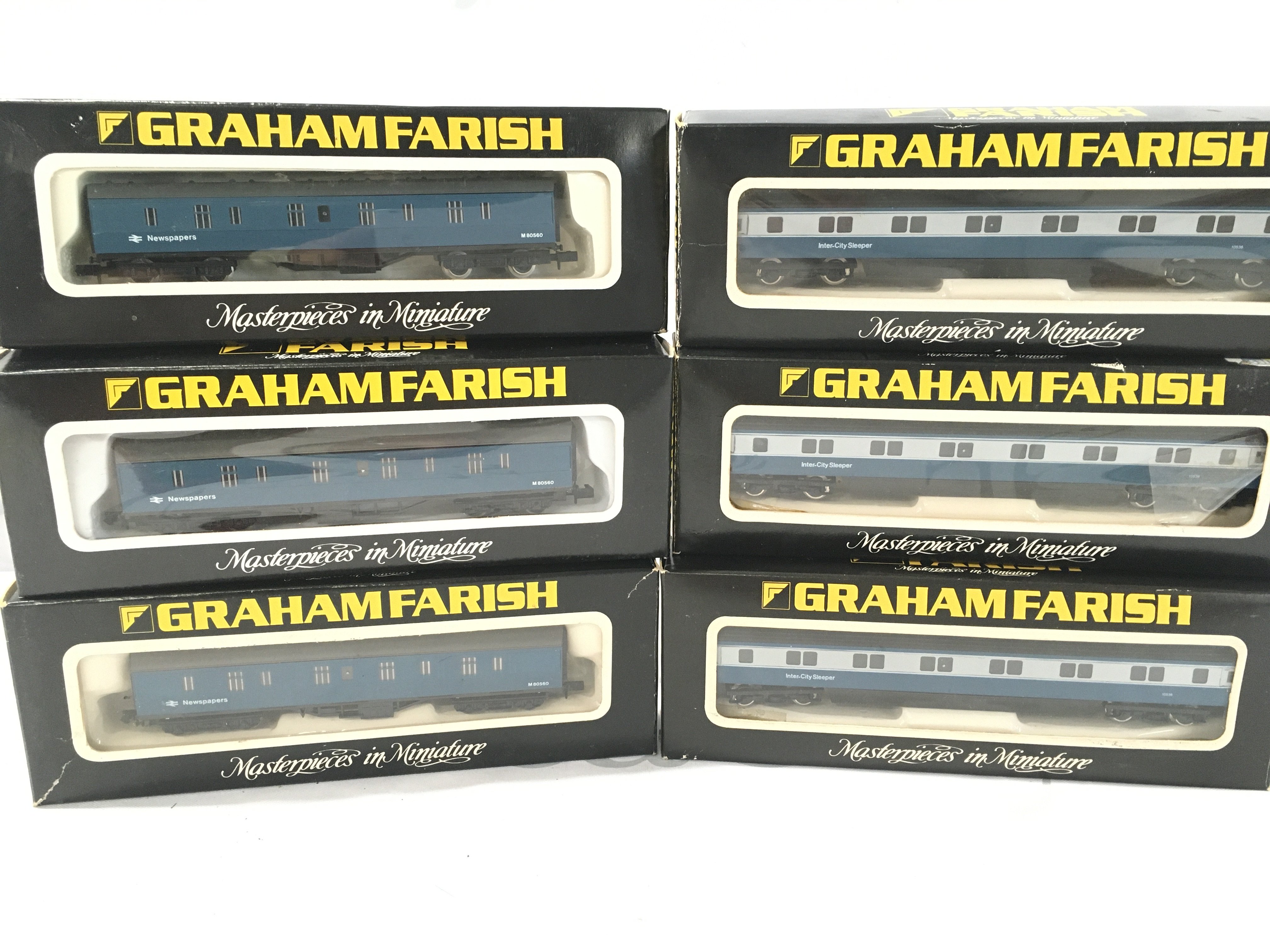 6 Boxed Graham Farish N Gauge Coaches. Mark 3 Sleepers and Newspaper packing. No Reserve.