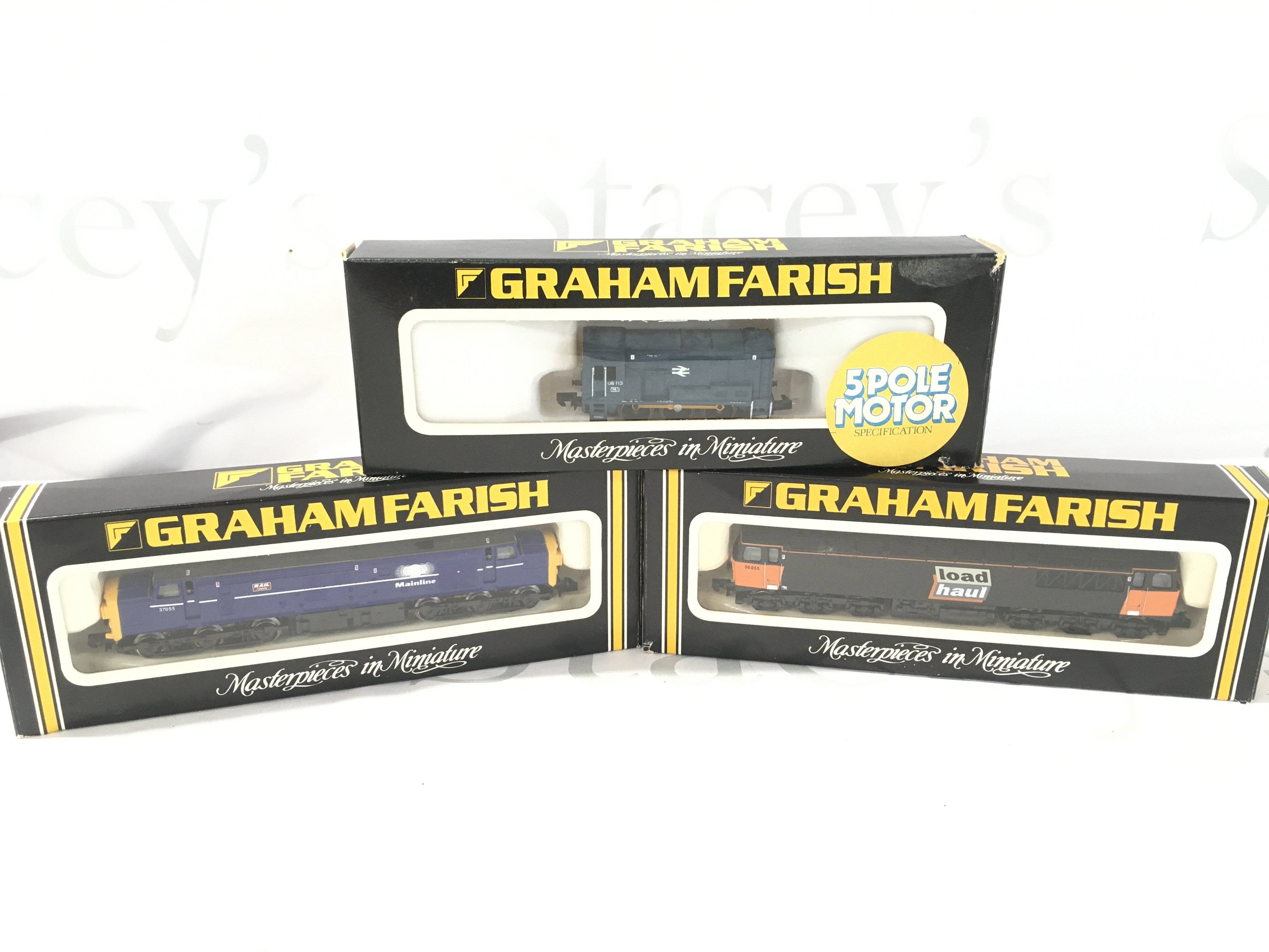 3 X Boxed Graham Farish N Gauge Locomotives. A Class 37 Diesel. A Class 56 Diesel And A 08 Class Diesel.