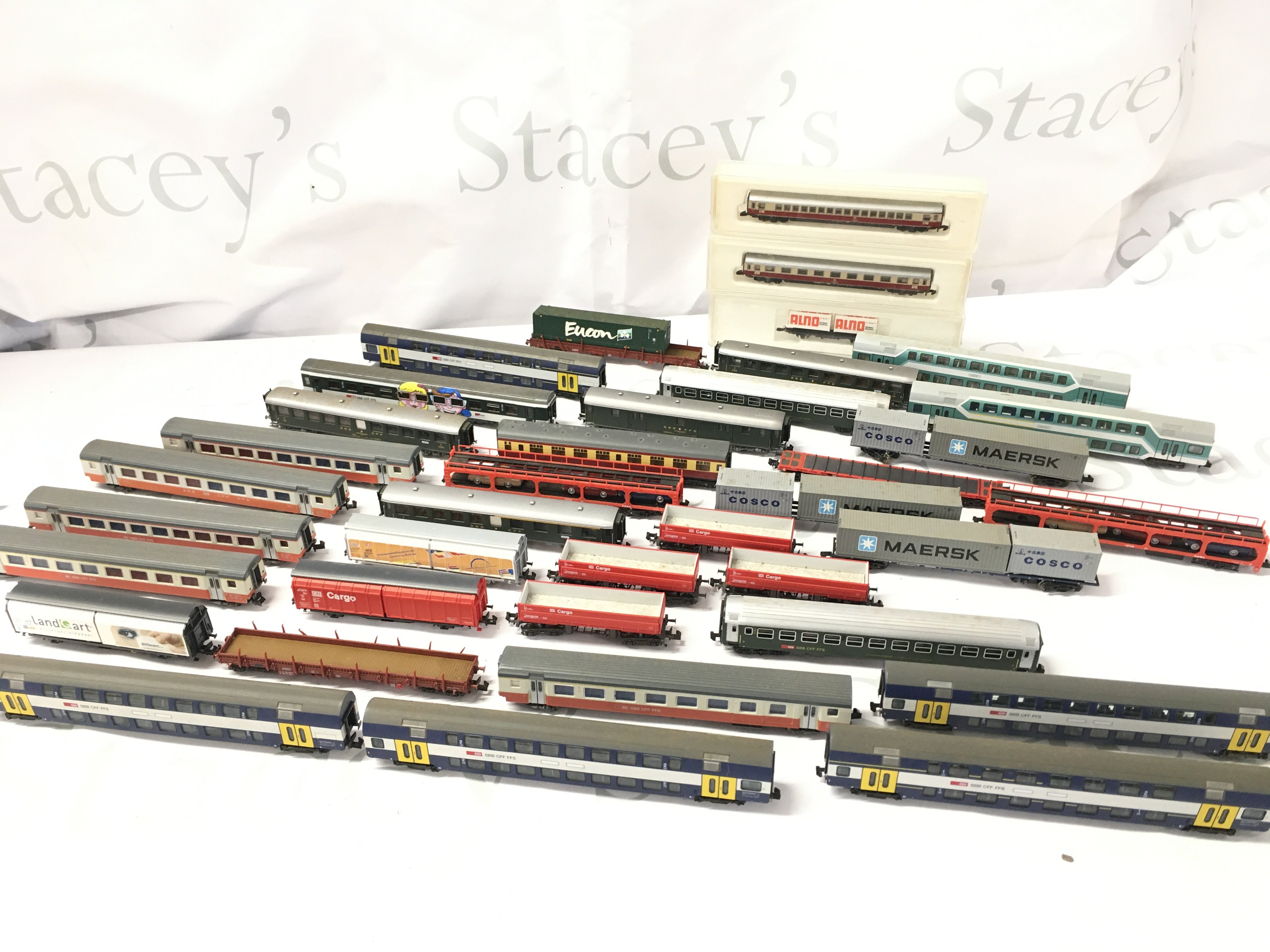 A Collection of Loose and Boxed N Gauge Coaches And Wagons. Including Fleishman. Trix. No Reserve.