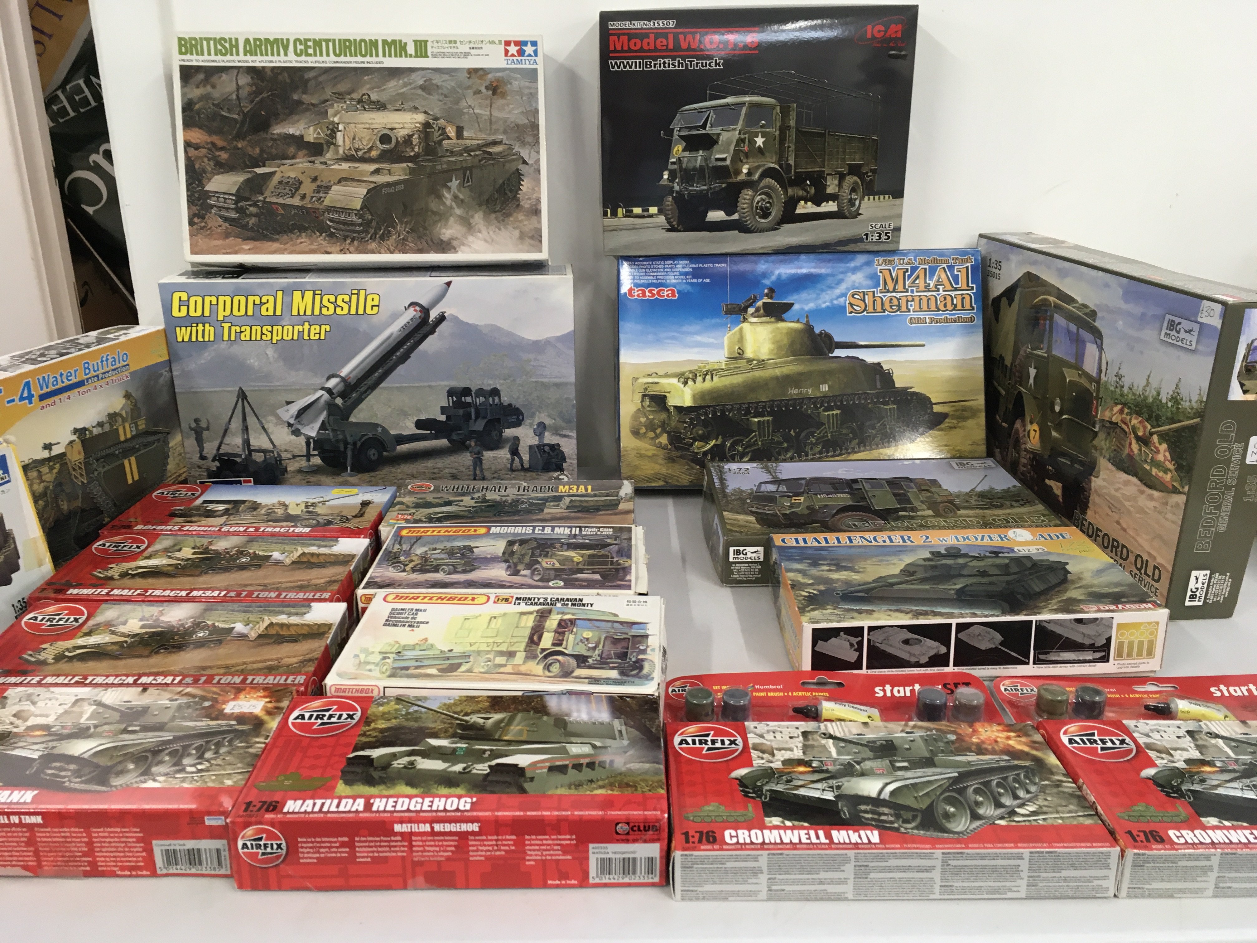 A collection of unstarted boxed plastic model kits by Airfix..Matchbox..IBG..etc featuring military vehicles. No reserve