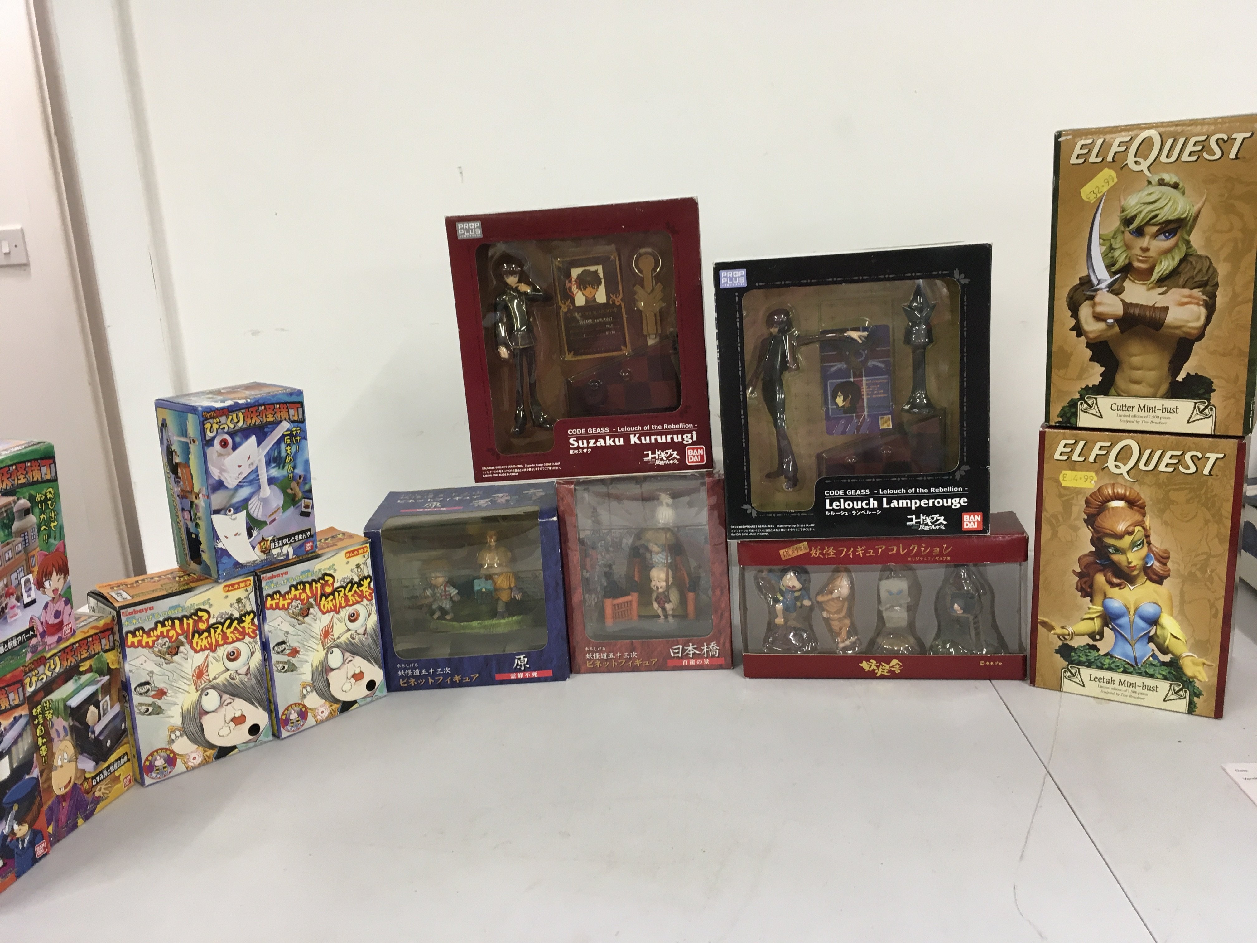 A Lot Of Anime Figures And Statues Including Code Geass. Gegege No kitaro. And Elf Quest Limited Edition Busts.